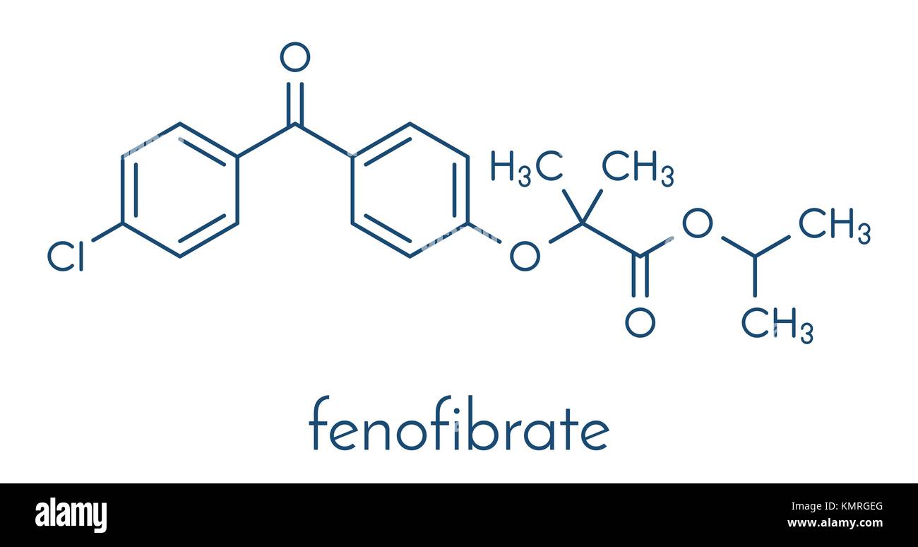 Fenofibrate Colesterolo farmaco (fibrato classe). molecola di formula scheletrico. Illustrazione Vettoriale