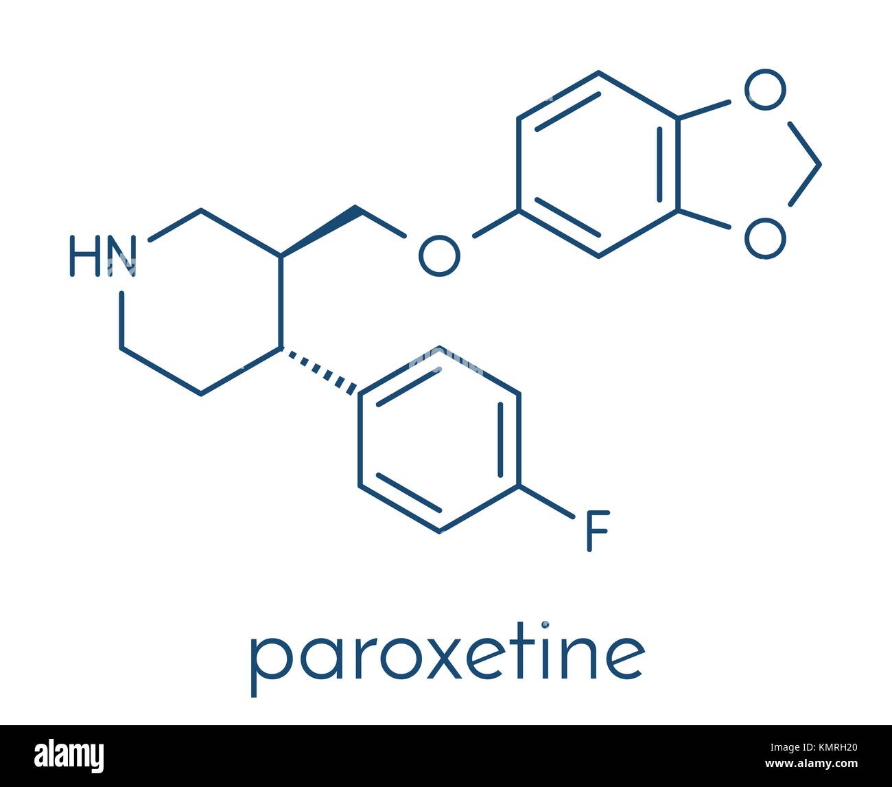 La paroxetina farmaco antidepressivo (classe SSRI). molecola di formula scheletrico. Illustrazione Vettoriale