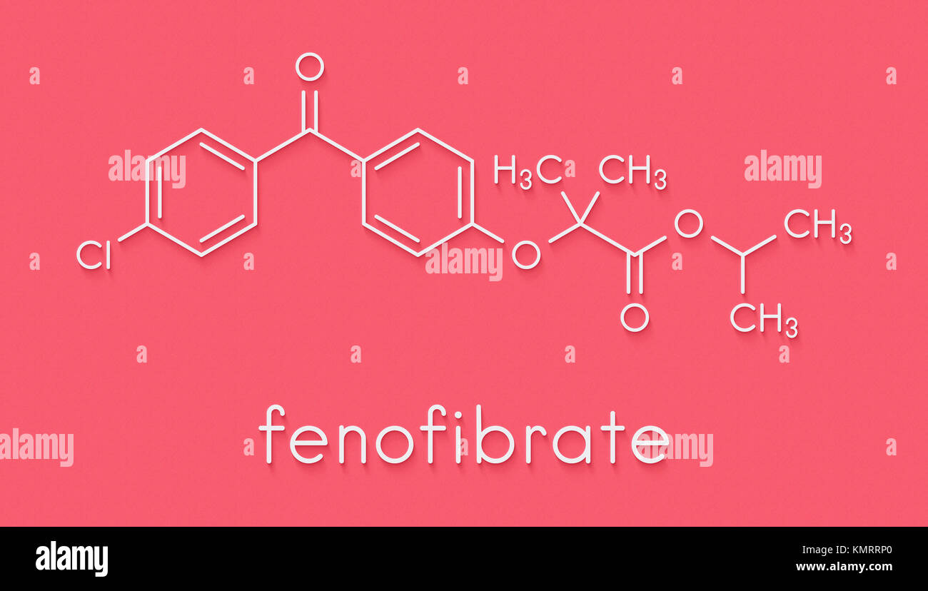 Fenofibrate Colesterolo farmaco (fibrato classe molecola). Formula di scheletro. Foto Stock