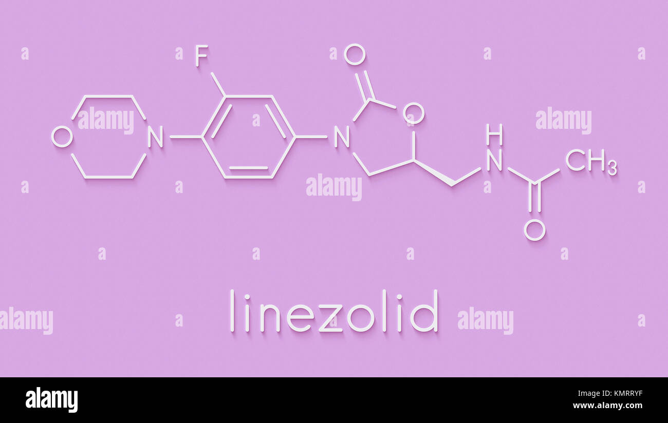 Linezolid farmaci antibiotici (ossazolidinone classe molecola). Formula di scheletro. Foto Stock