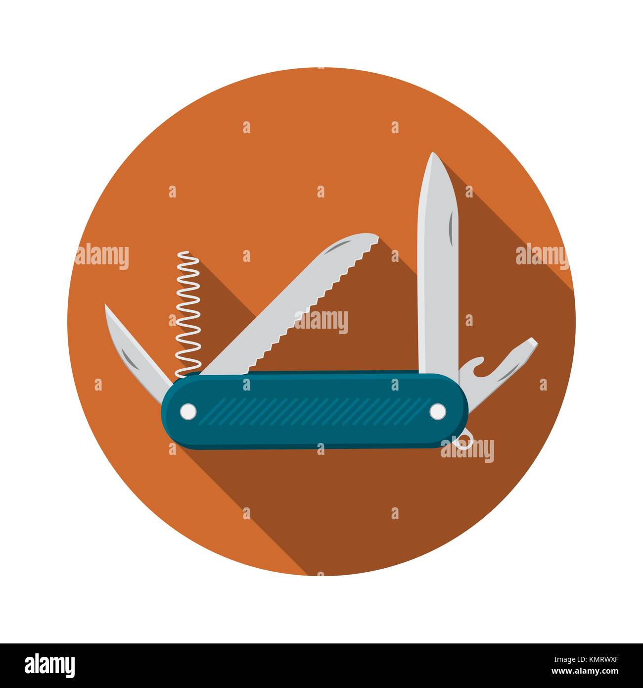 Design piatto moderno vettore illustrazione della tasca multifunzione icona coltello, camping e attrezzatura per le escursioni con la lunga ombra. Illustrazione Vettoriale
