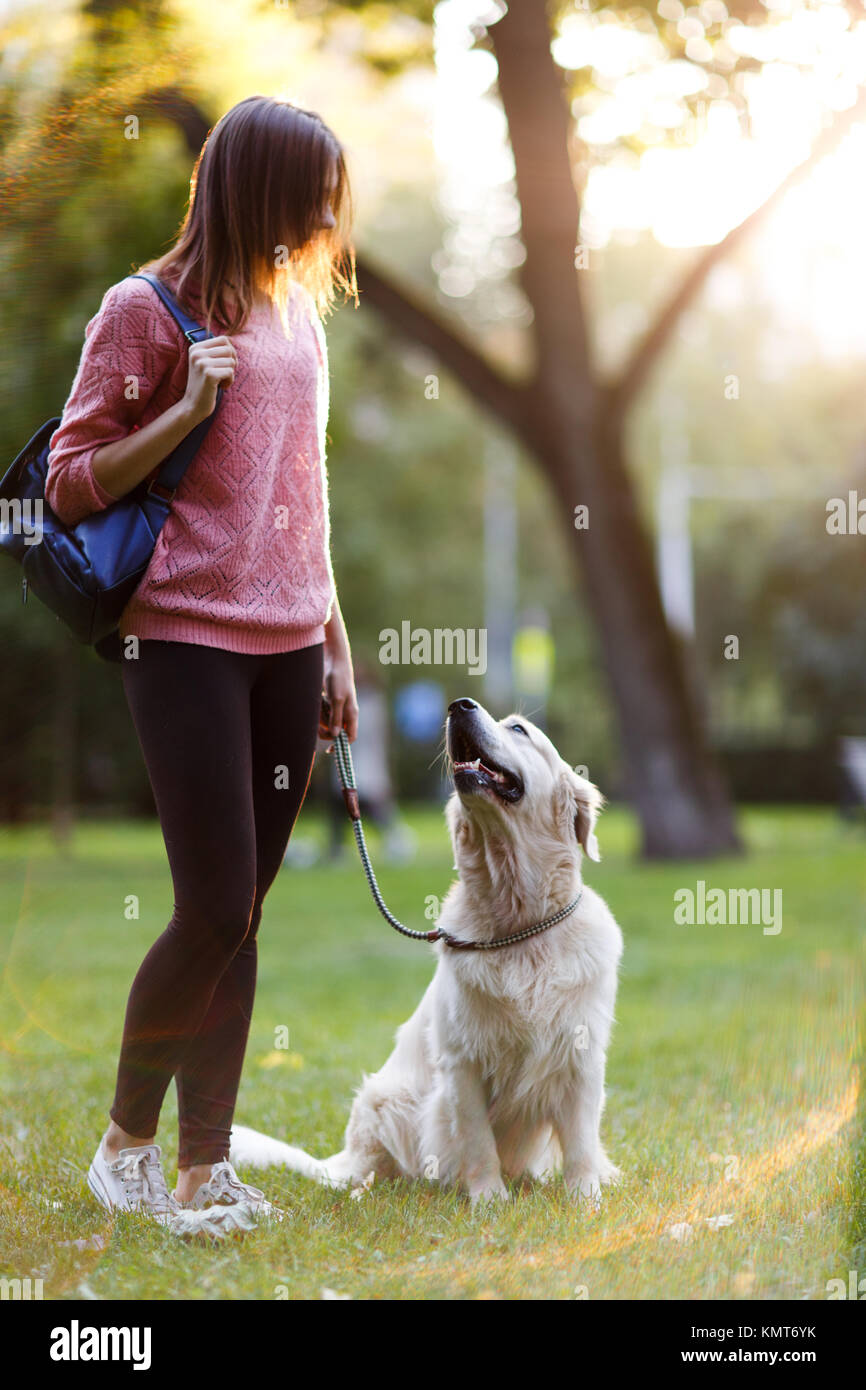 Immagine della giovane donna sulla passeggiata con retriever in estate park Foto Stock