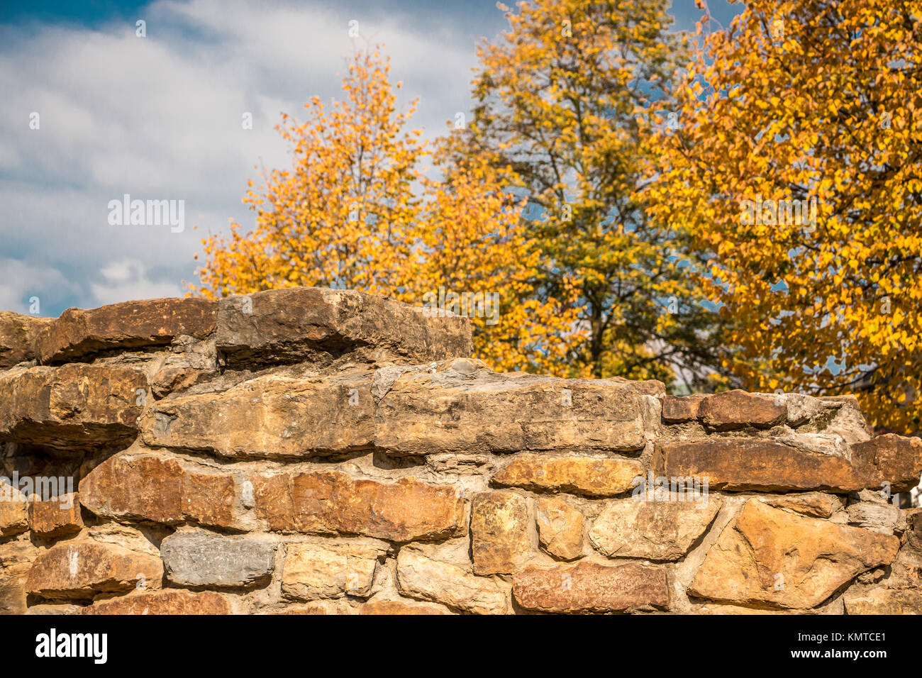 Forte muro di pietra gialla e foglie di autunno Foto Stock