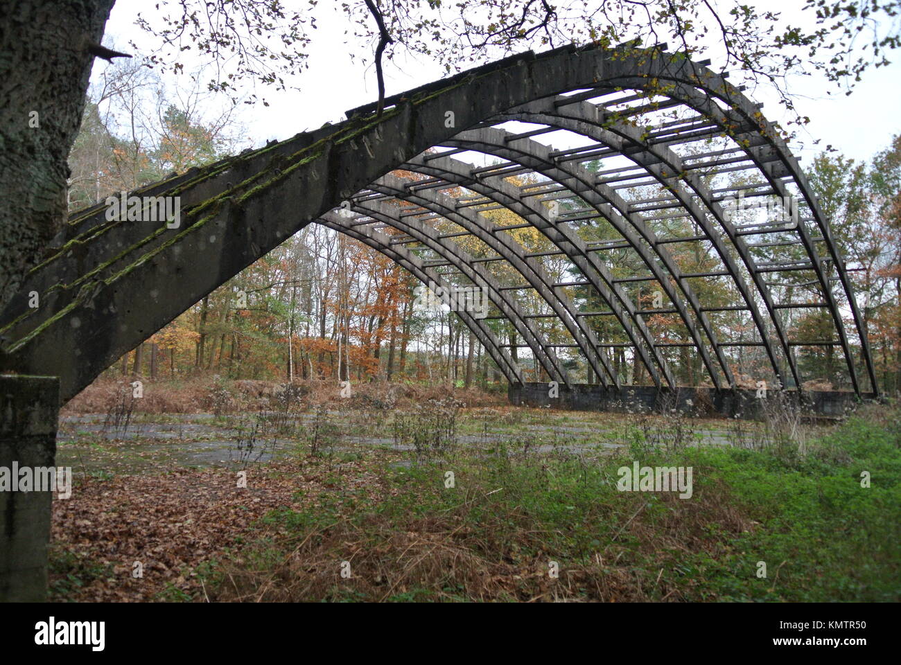 Dis-utilizzato ex Luftwaffe arcuata hangar aereo, Venlo-Herongen, Olandese / confine tedesco Foto Stock