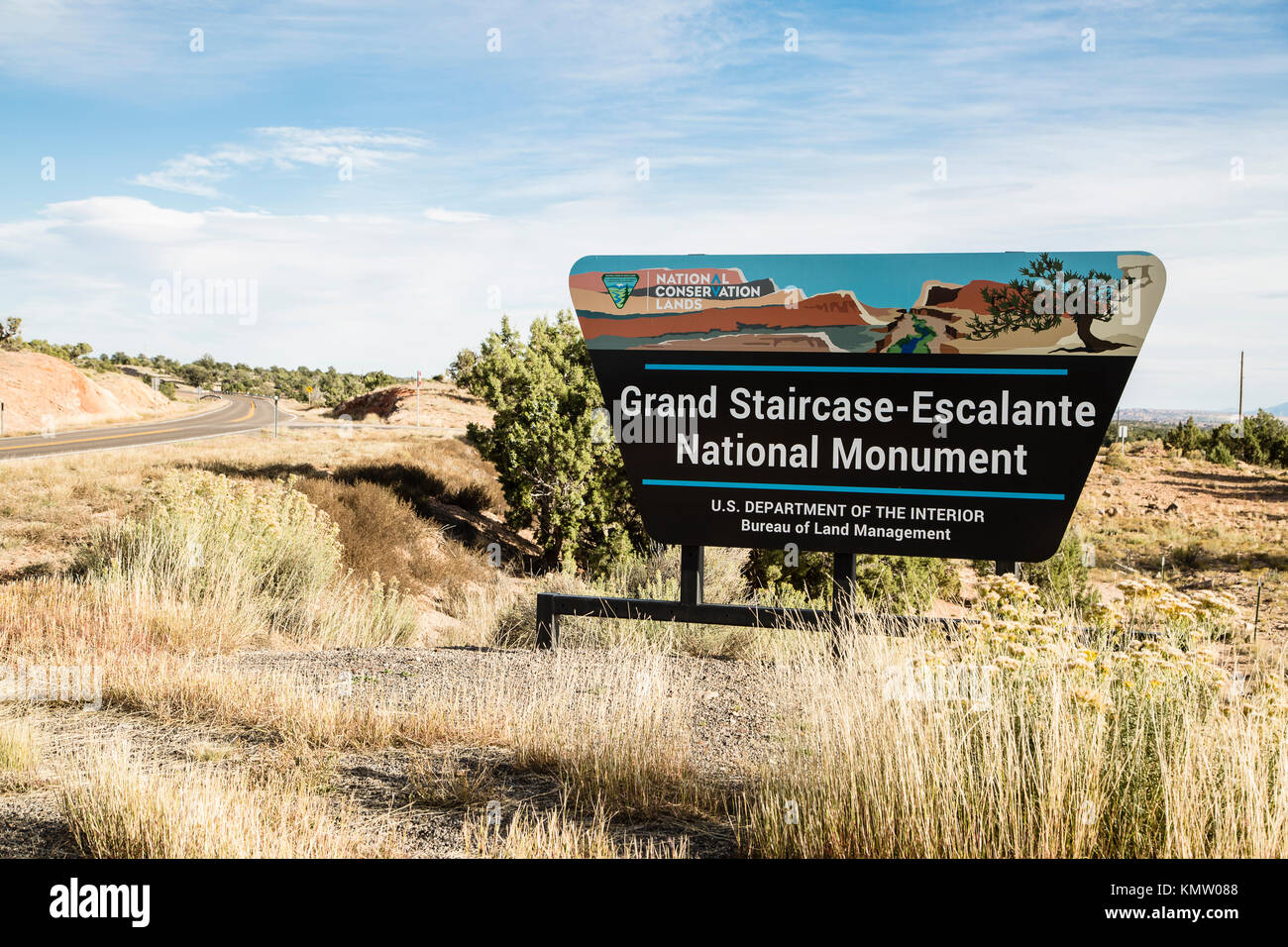 Grand Staircase-Escalante Monumento Nazionale segno sul lato di una strada in Utah Foto Stock