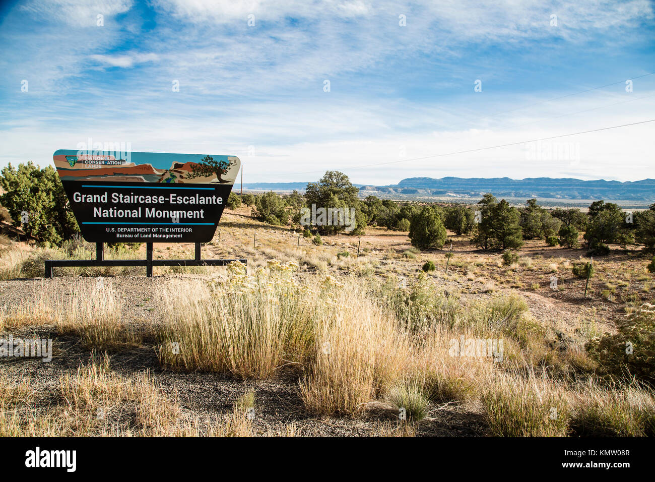 Grand Staircase-Escalante Monumento Nazionale segno sul lato di una strada in Utah Foto Stock