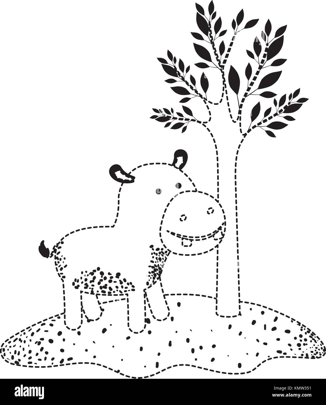 Ippopotamo cartoon accanto alla struttura in nero silhouette punteggiata Illustrazione Vettoriale