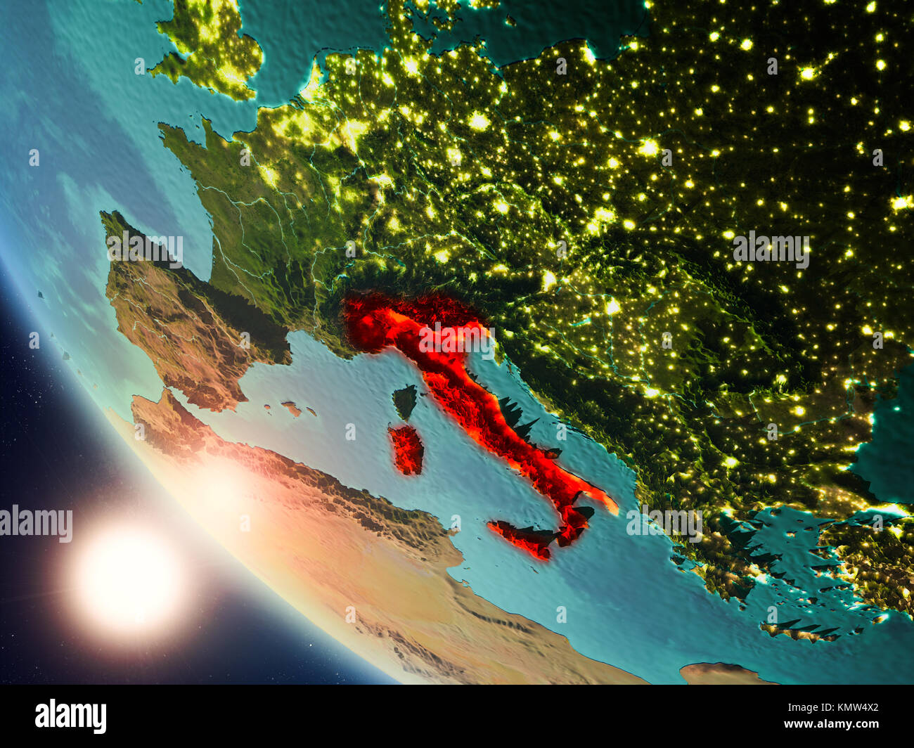 Vista satellitare di Italia evidenziata in rosso sul pianeta Terra con visibili le frontiere del paese durante il tramonto. 3D'illustrazione. Gli elementi di questa immagine arredare Foto Stock