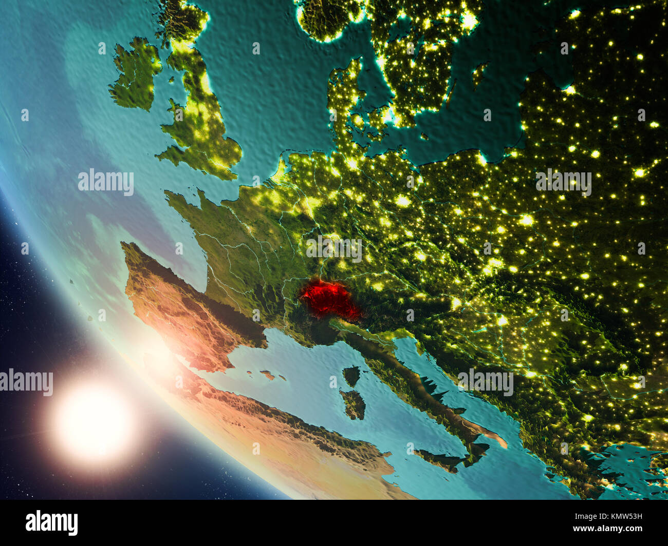 Vista satellitare della Svizzera ha evidenziato in rosso sul pianeta Terra con visibili le frontiere del paese durante il tramonto. 3D'illustrazione. Gli elementi di questa immagine f Foto Stock