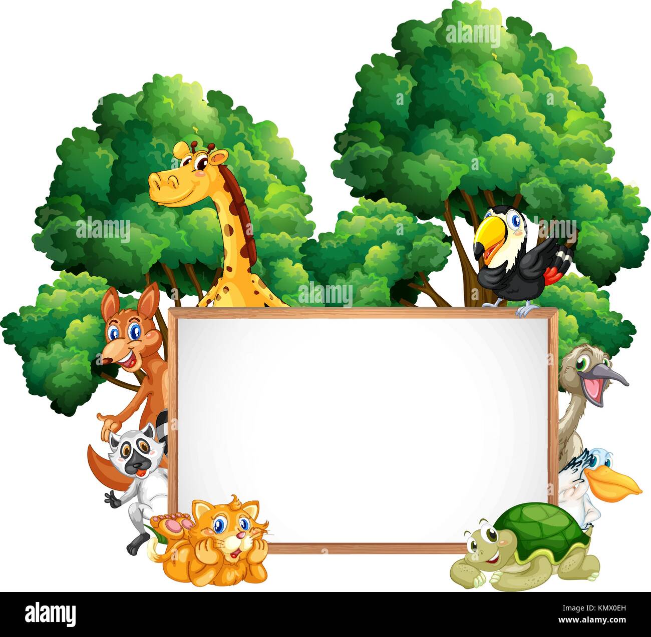 Il telaio in legno con molti animali nella foresta illustrazione Illustrazione Vettoriale