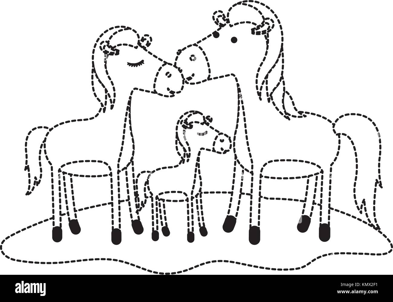 Coppia di cavalli e di puledro su erba in nero contorno tratteggiato Illustrazione Vettoriale