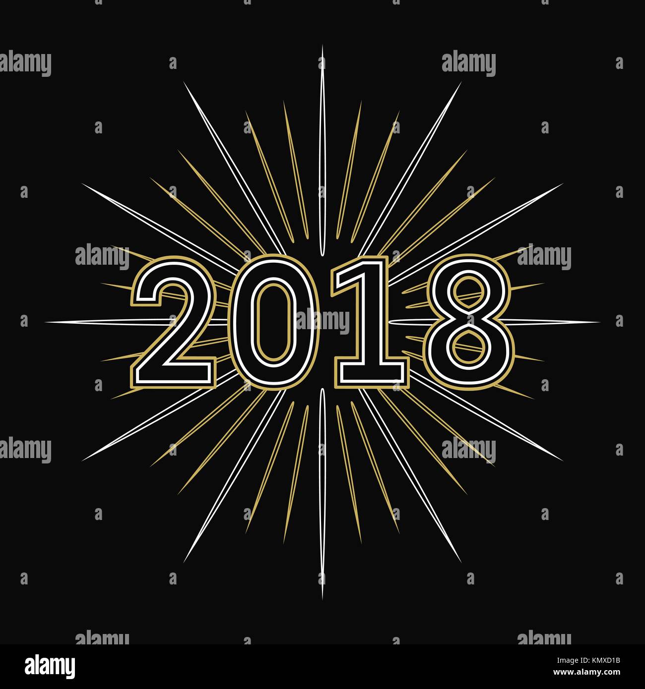 2018 felice anno nuovo. Numeri di linea con sunburst, raggiera su sfondo nero. Illustrazione Vettoriale