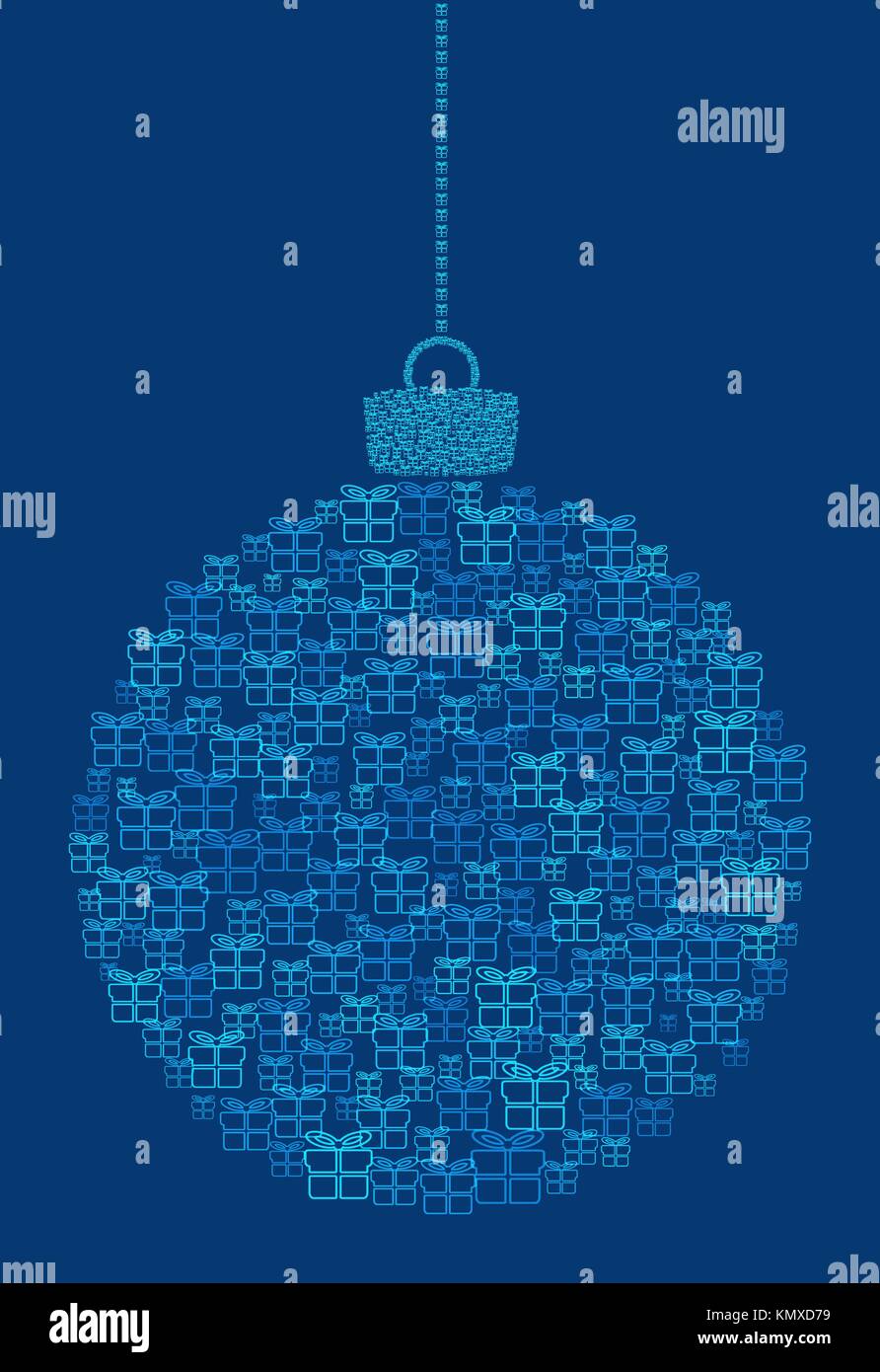 Appendere vettore abstract palla di Natale costituito da linea scatola regalo icone su sfondo blu. Illustrazione Vettoriale