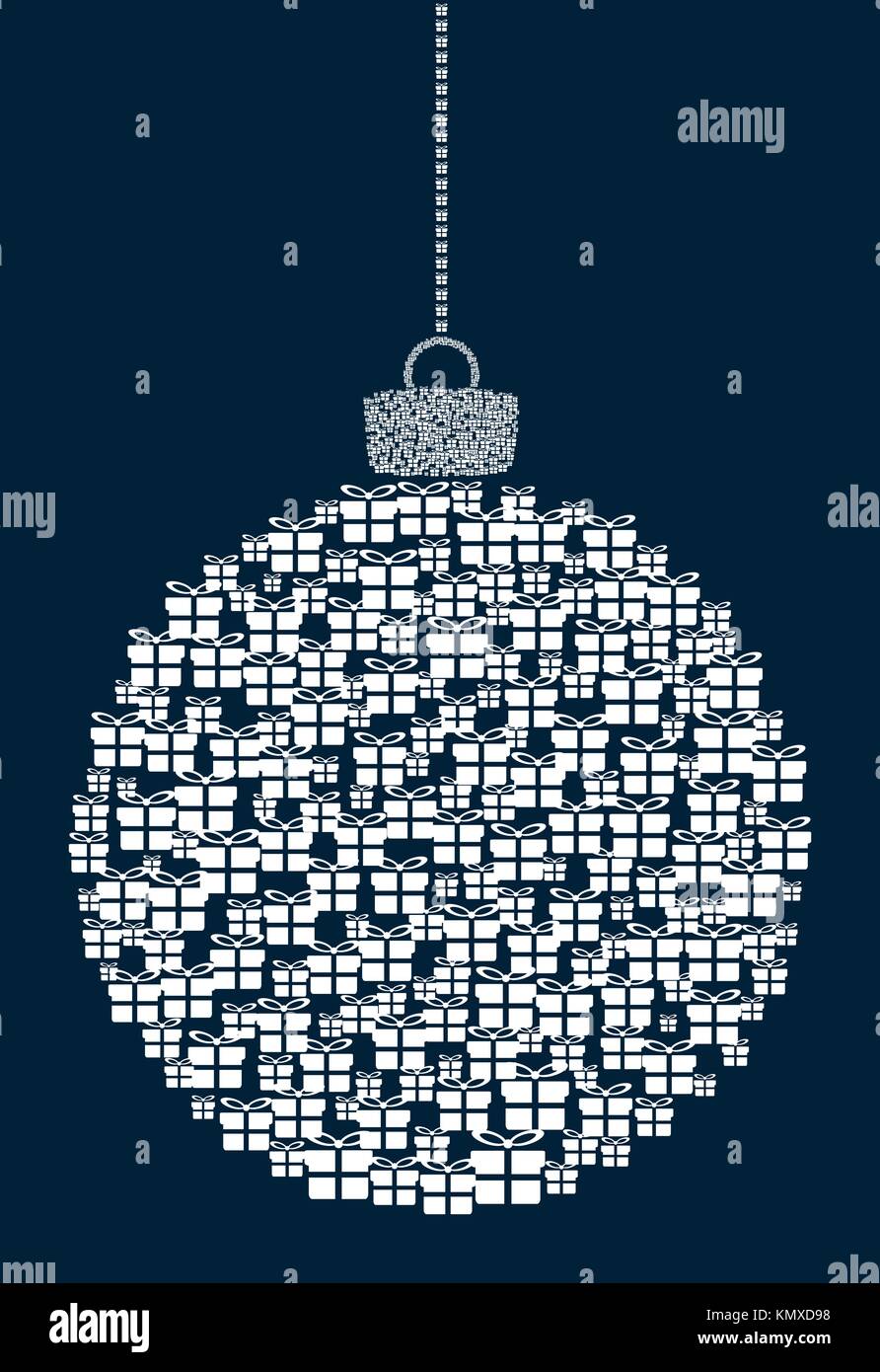 Appendere vettore abstract palla di Natale costituito da confezione regalo icone su sfondo blu scuro. Illustrazione Vettoriale