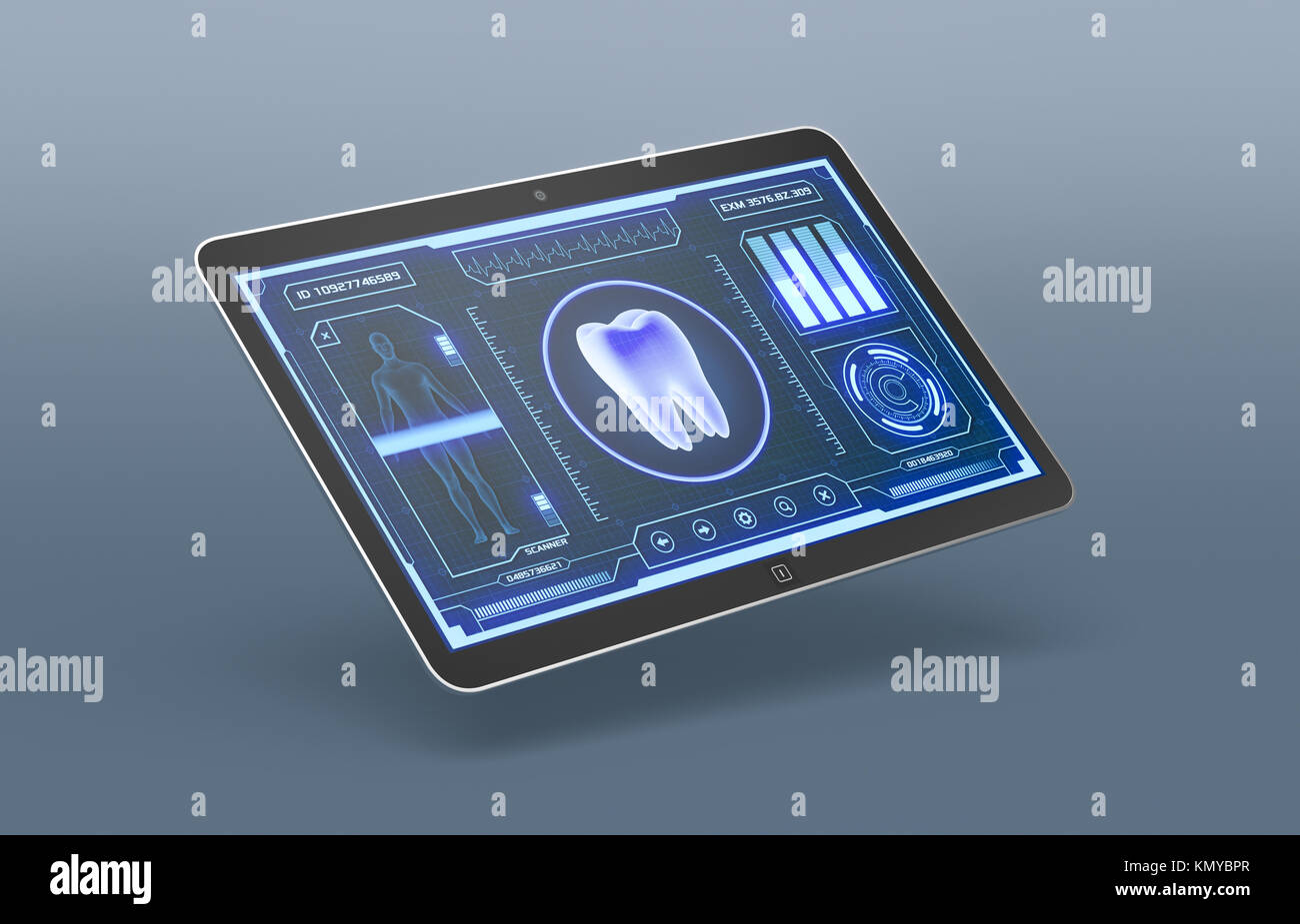 Futuristico interfaccia app per medici e scopo scientifico - dente scanner (3d rendering) Foto Stock