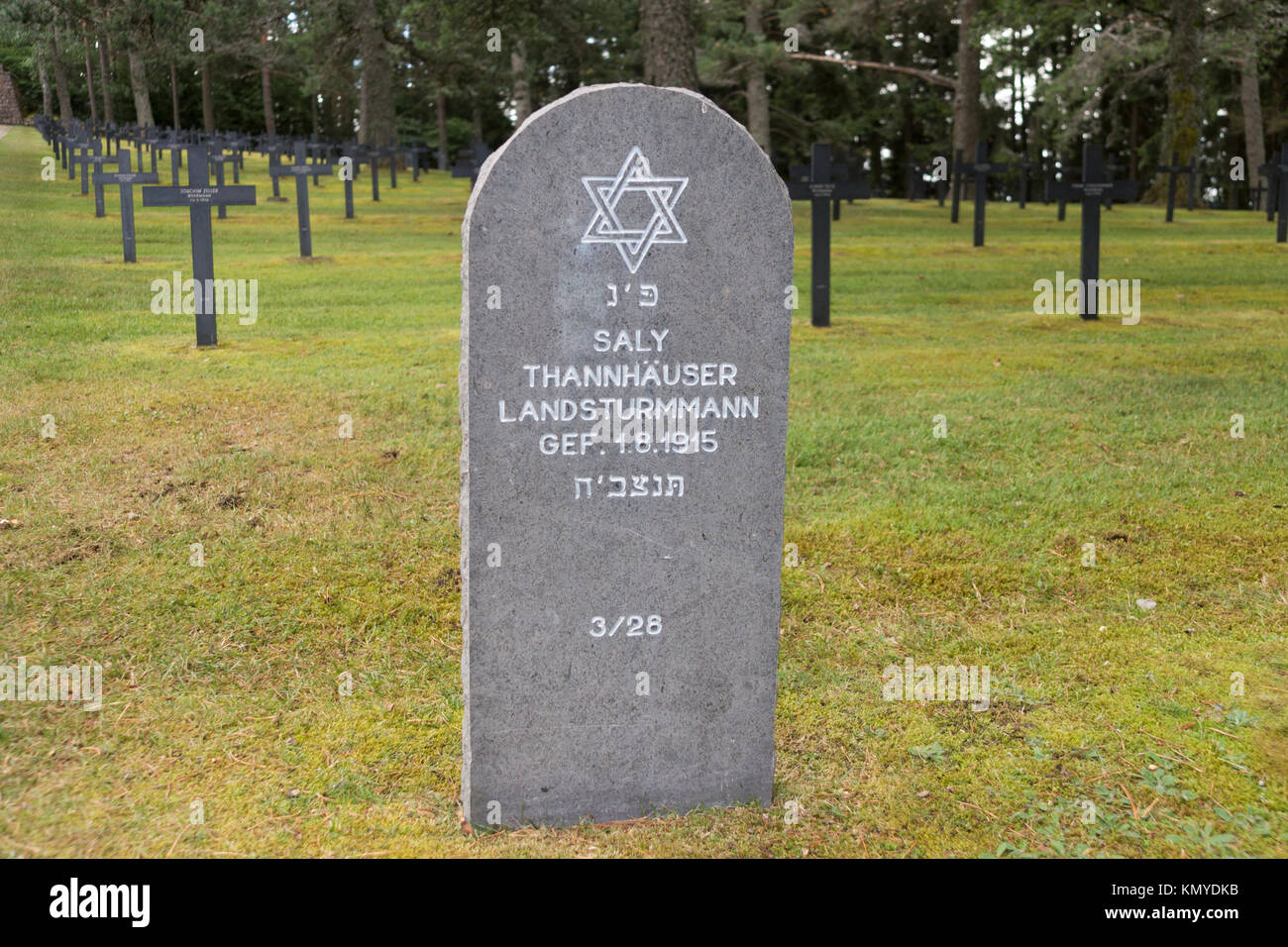 Una lapide ebraica marcatura della tomba di un WW1 soldato tedesco presso il cimitero militare tedesco a Hohrod, Alsazia Foto Stock