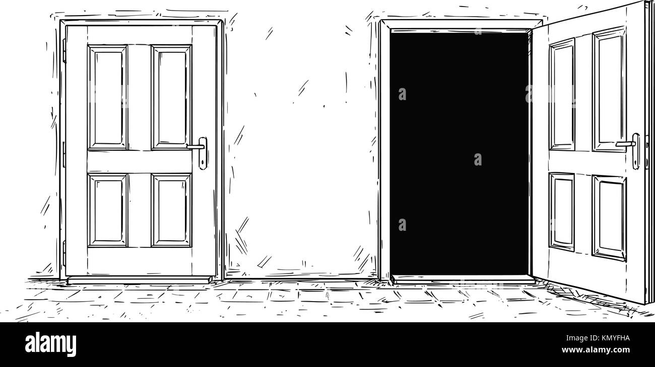 Vettore di cartoon doodle disegno di due aprire e chiudere la decisione di legno porta. due scelte o modi. Illustrazione Vettoriale