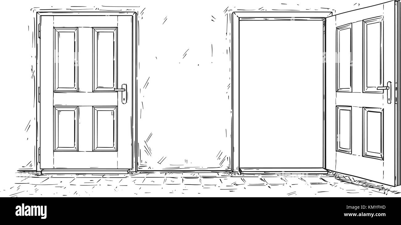 Vettore di cartoon doodle disegno di due aprire e chiudere la decisione di legno porta. due scelte o modi. Illustrazione Vettoriale