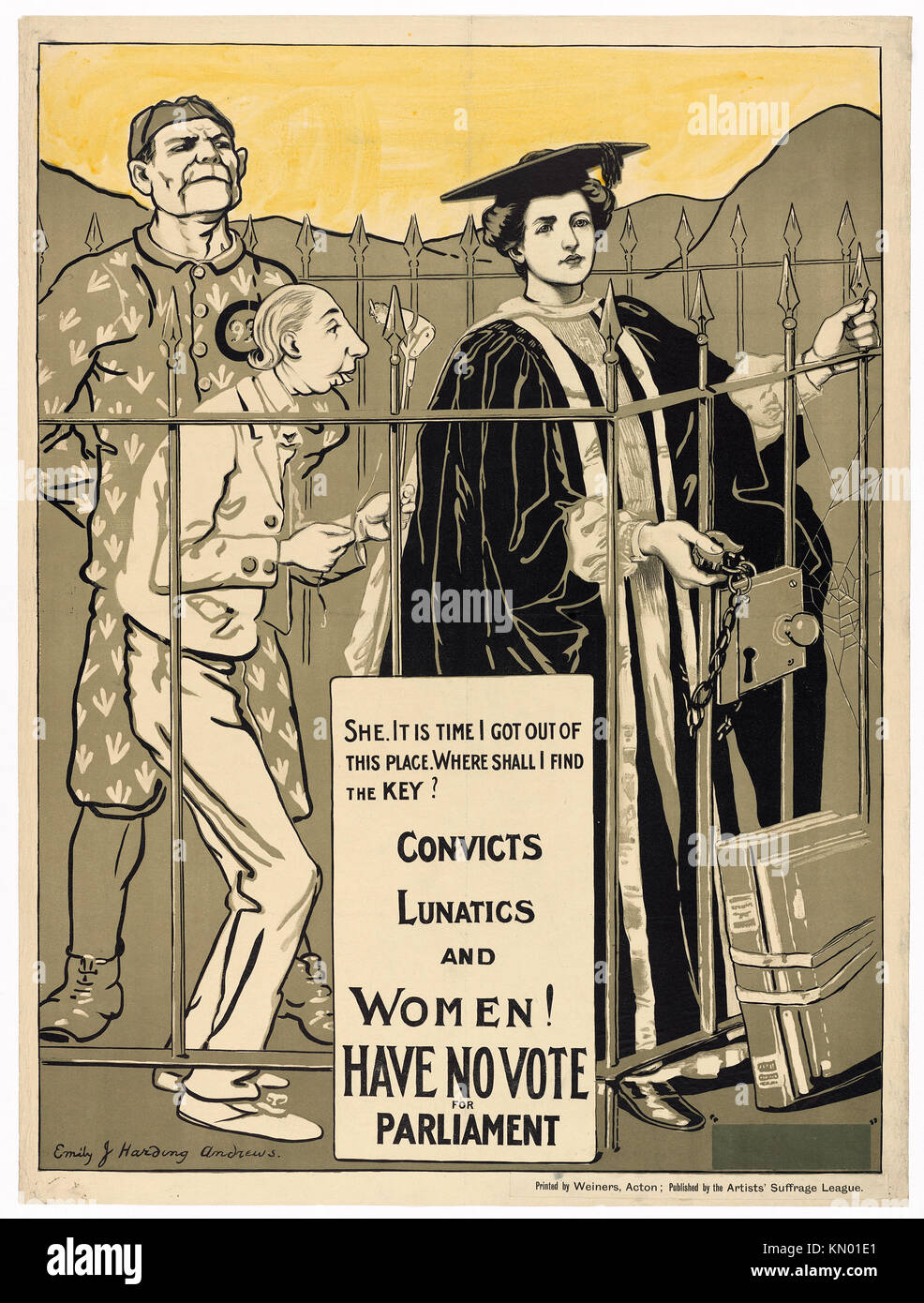 "Le donne! Non hanno alcuna votazione il Parlamento per il Ca 1890-1918, artista: Emily J. Harding Andrews, pubblicato da artisti suffragio League carcerati pazzie e le donne! Non hanno alcuna votazione per il Parlamento lei: è tempo ho avuto fuori di questo luogo - Dove posso trovare la chiave? Foto Stock