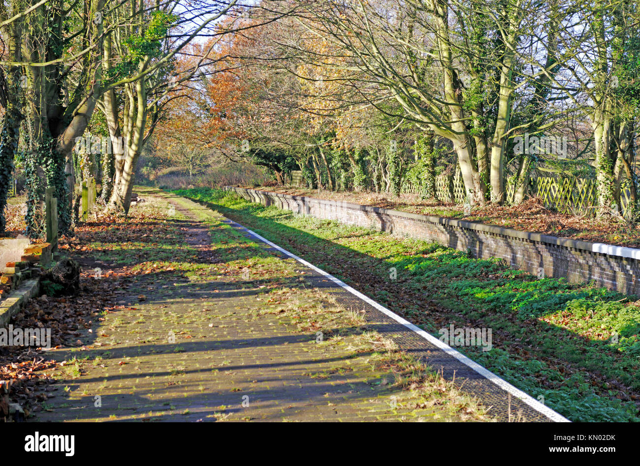 Vecchie piattaforme su chiusa di M&GN Comune di stazione di levigatura, Norfolk, Inghilterra, Regno Unito. Foto Stock