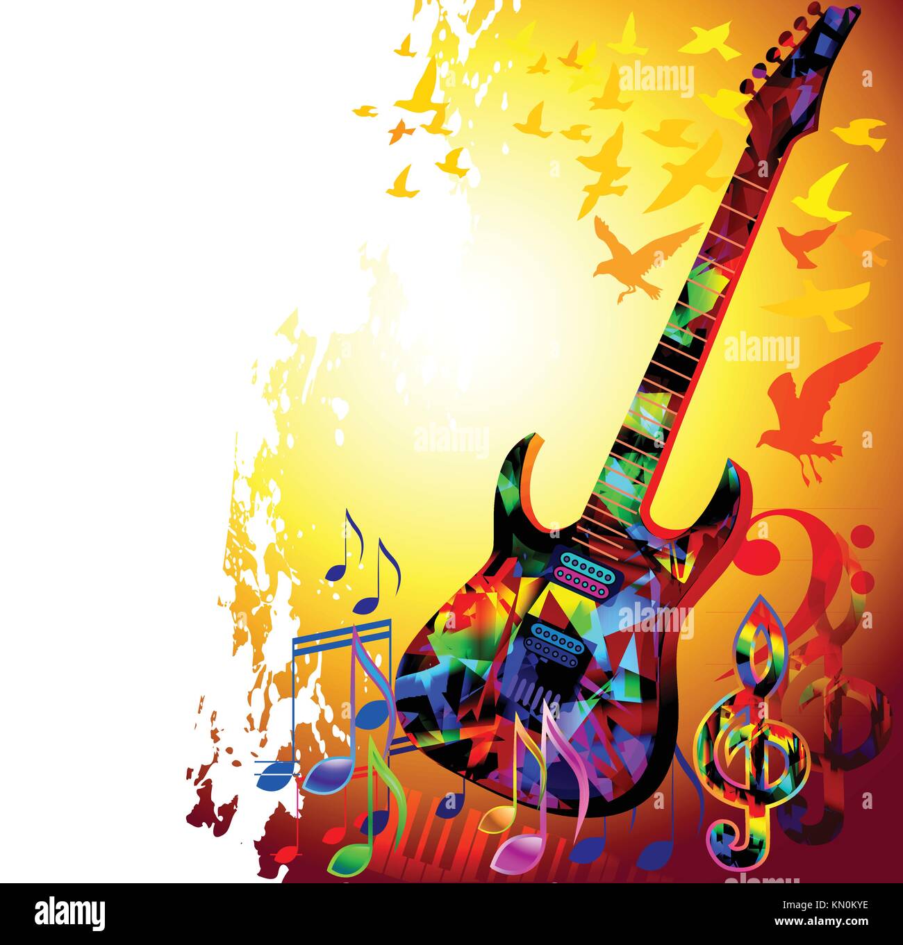 Colorato sfondo musicale con la chitarra elettrica, note musicali e uccelli in volo. Illustrazione Vettoriale Illustrazione Vettoriale