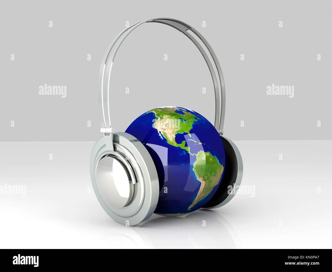 La musica di America le cuffie e un globo mondo 3D reso illustrazione Foto  stock - Alamy