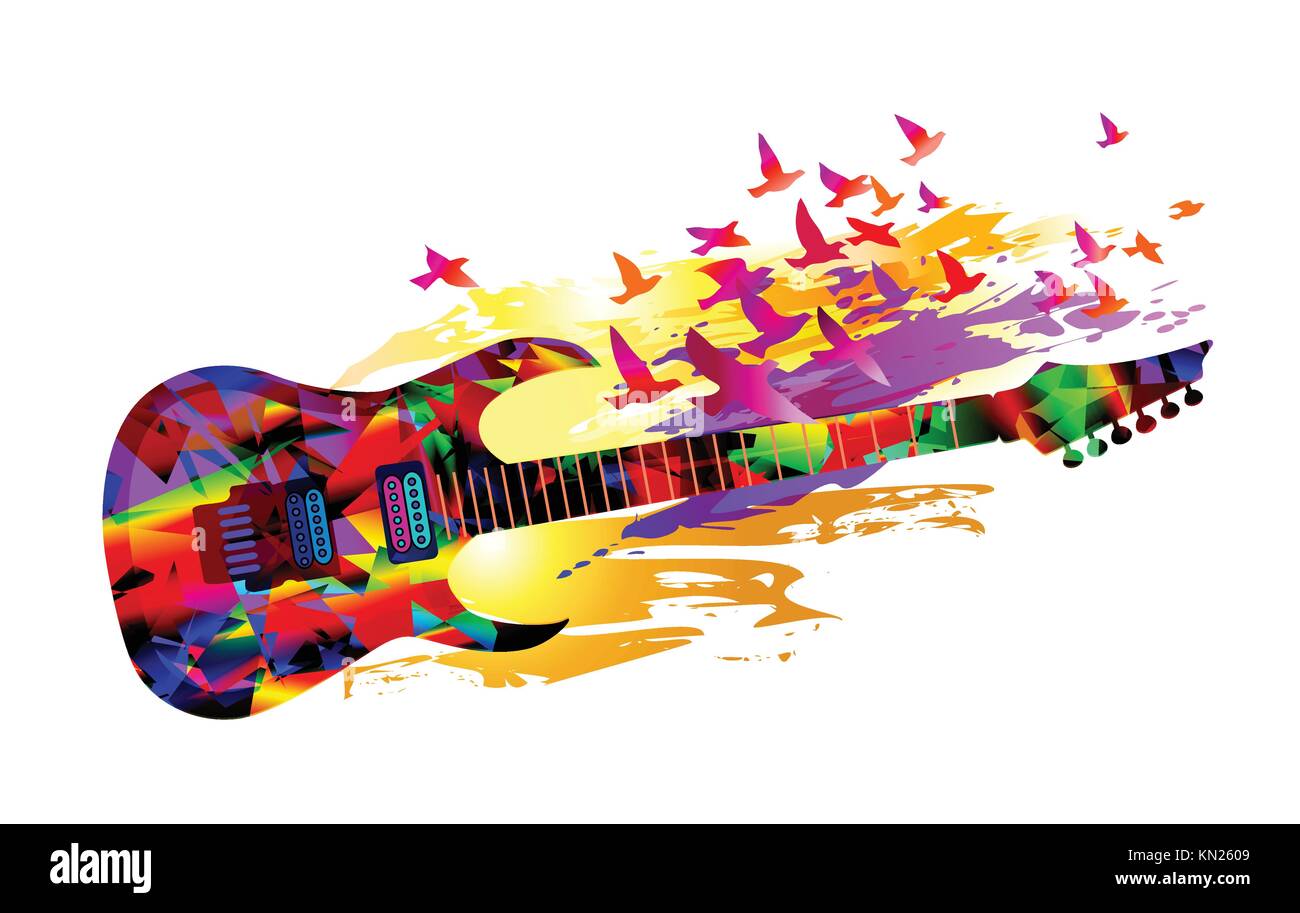 Colorato sfondo musicale, banner con il sistema elettrico di chitarra acustica e uccelli in volo. Illustrazione Vettoriale Illustrazione Vettoriale
