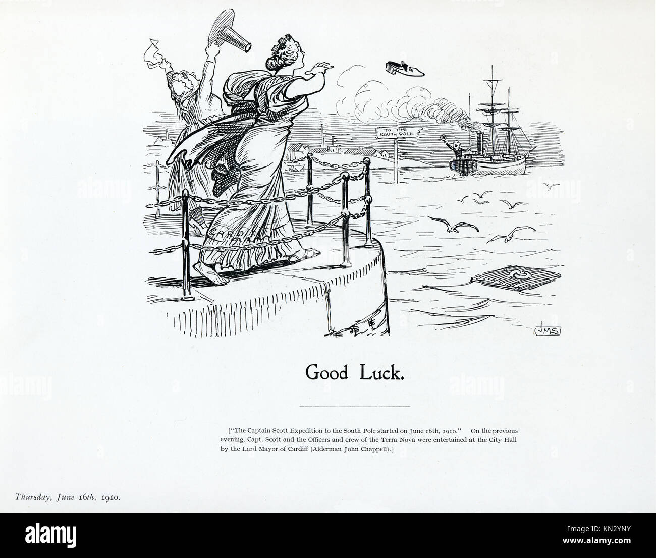 Buona fortuna, 1910 cartoon di JM Staniforth sulla partenza della Terra Nova da Cardiff il 15 giugno, la nave del capitano Scott per la sua strada per la sfortunata spedizione al Polo Sud Foto Stock