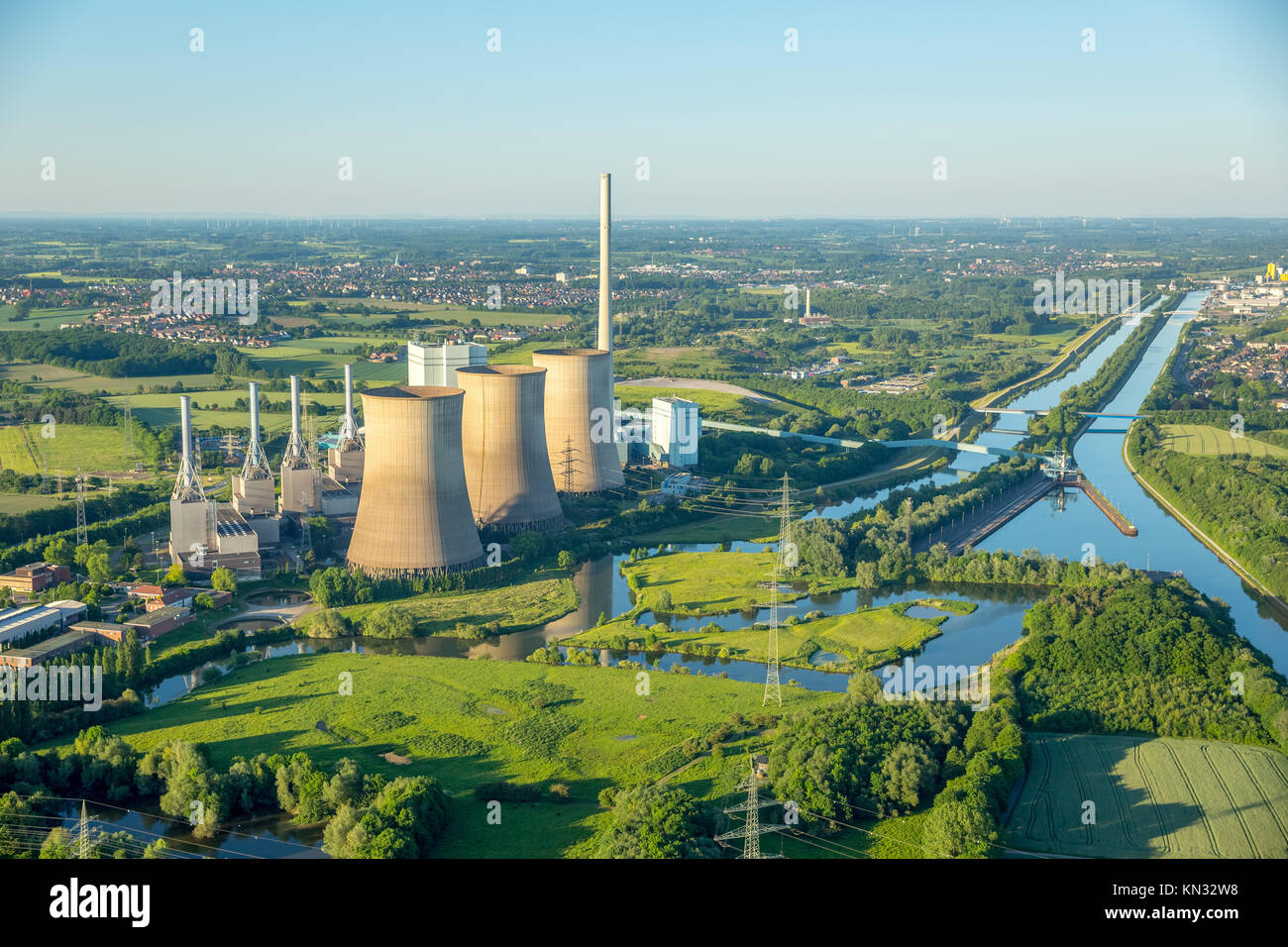 Lippe fiume e Lippeauen ad ovest di Gersteinwerk, A1, Gersteinwerk, Inogy, RWE Power, impianto alimentato a carbone in Werne-Stockum nella periferia di Hamm, Foto Stock