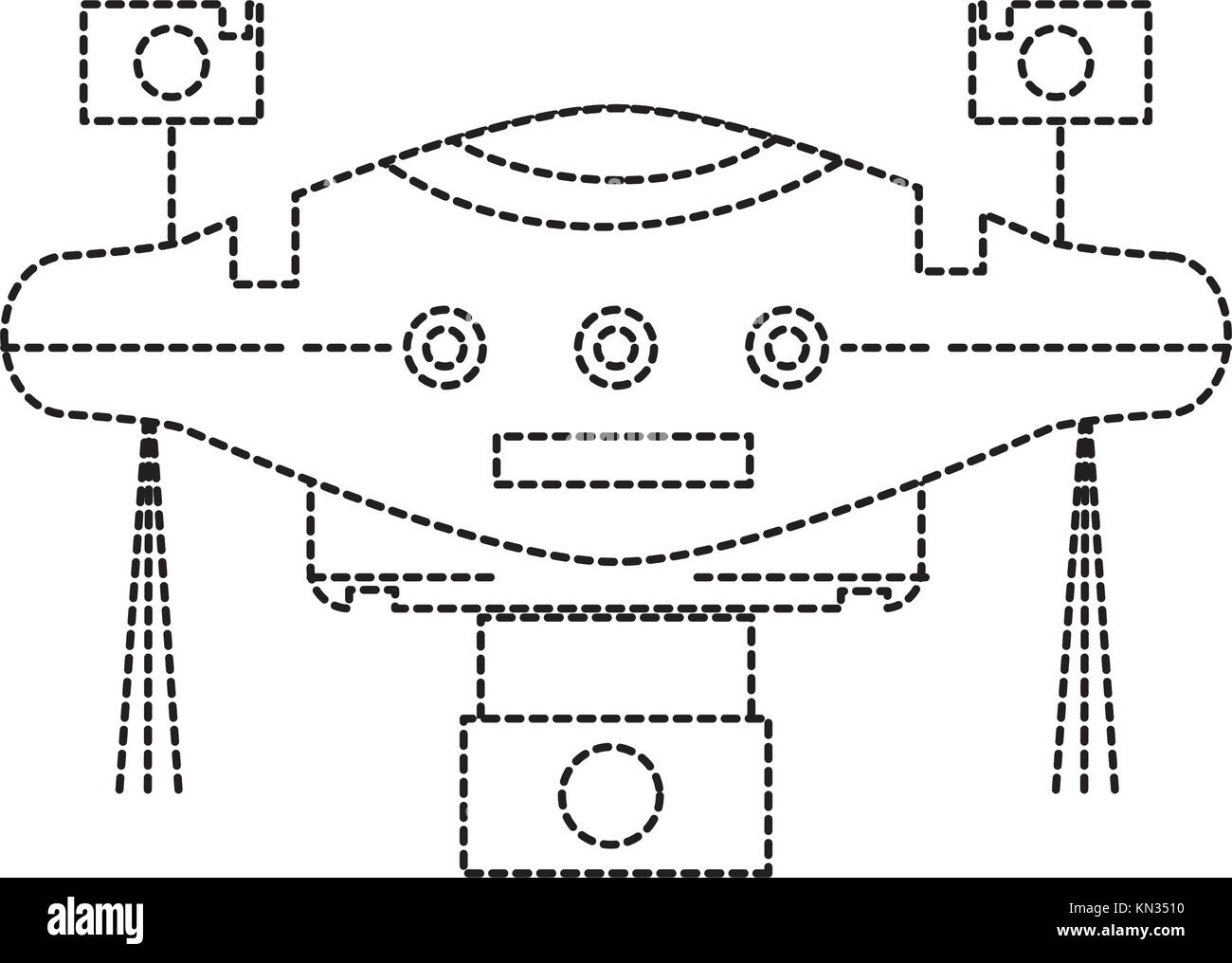 Punteggiato forma tecnologia drone con elica e fotocamera digitale illustrazione vettoriale Illustrazione Vettoriale