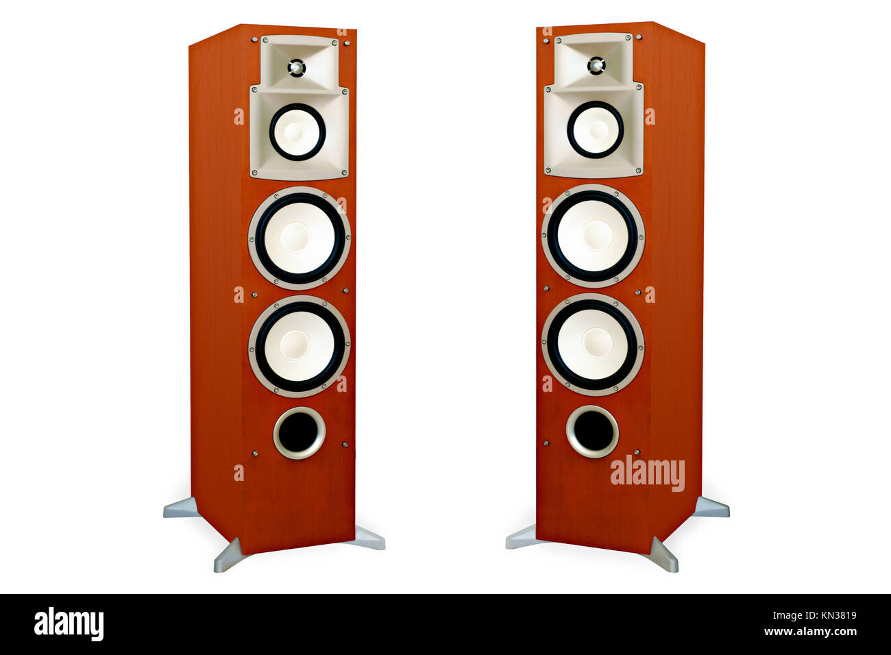 Due altoparlanti audio in cassa di legno isolato su sfondo bianco, attrezzature musicali. Foto Stock