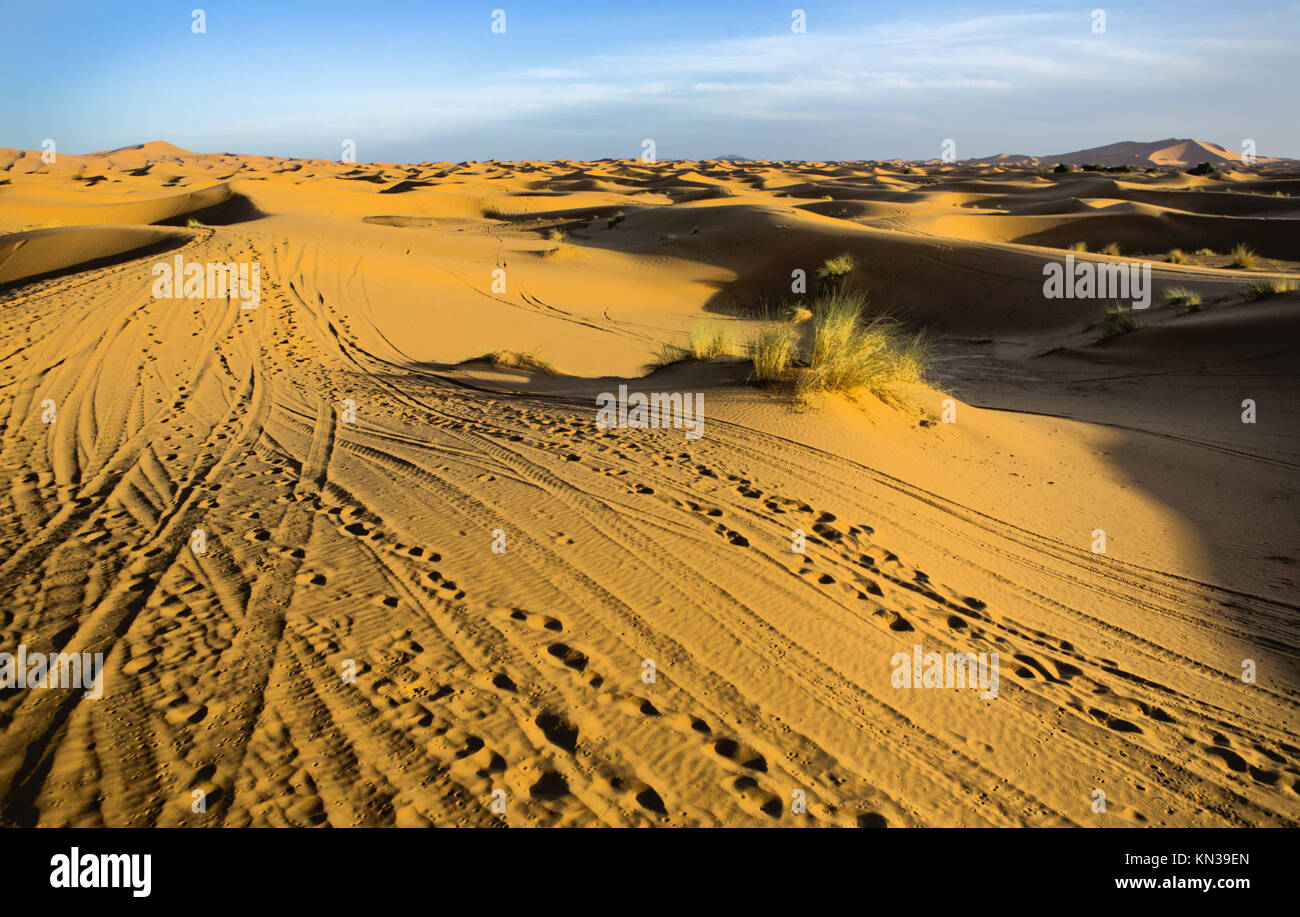 Diversi sand hill a Erg Chebbi nel deserto del Sahara. Ers sono grandi dune formate dal vento soffiato sabbia. Il Marocco. Foto Stock