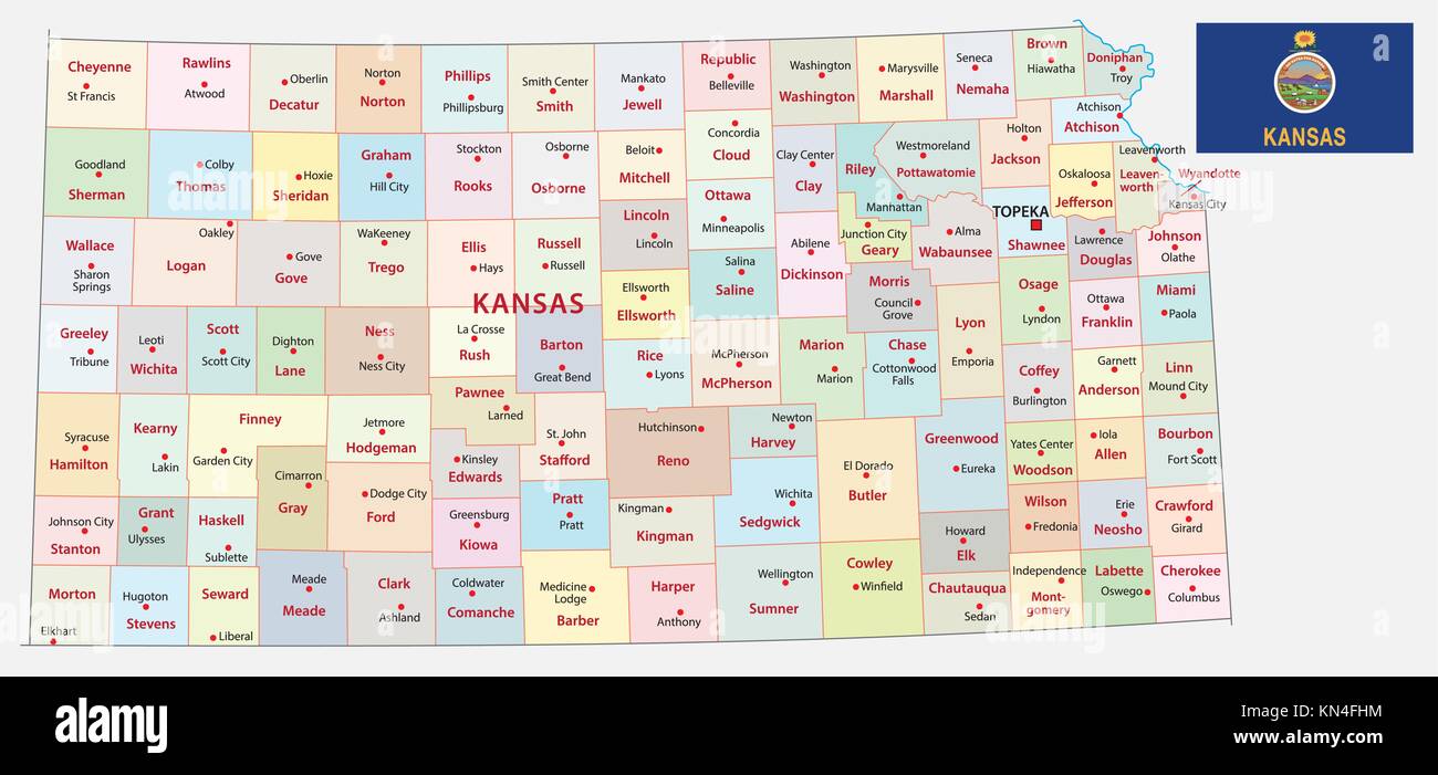 Kansas politica e amministrativa di mappa vettoriale con bandiera Illustrazione Vettoriale