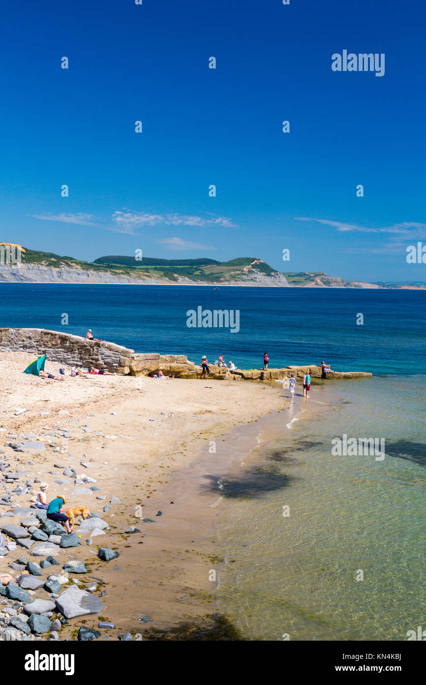I villeggianti godendo il sole in spiaggia a est, Lyme Regis con cappuccio dorato al di là su Jurassic Coast Sito Patrimonio Mondiale, Dorset, England, Regno Unito Foto Stock