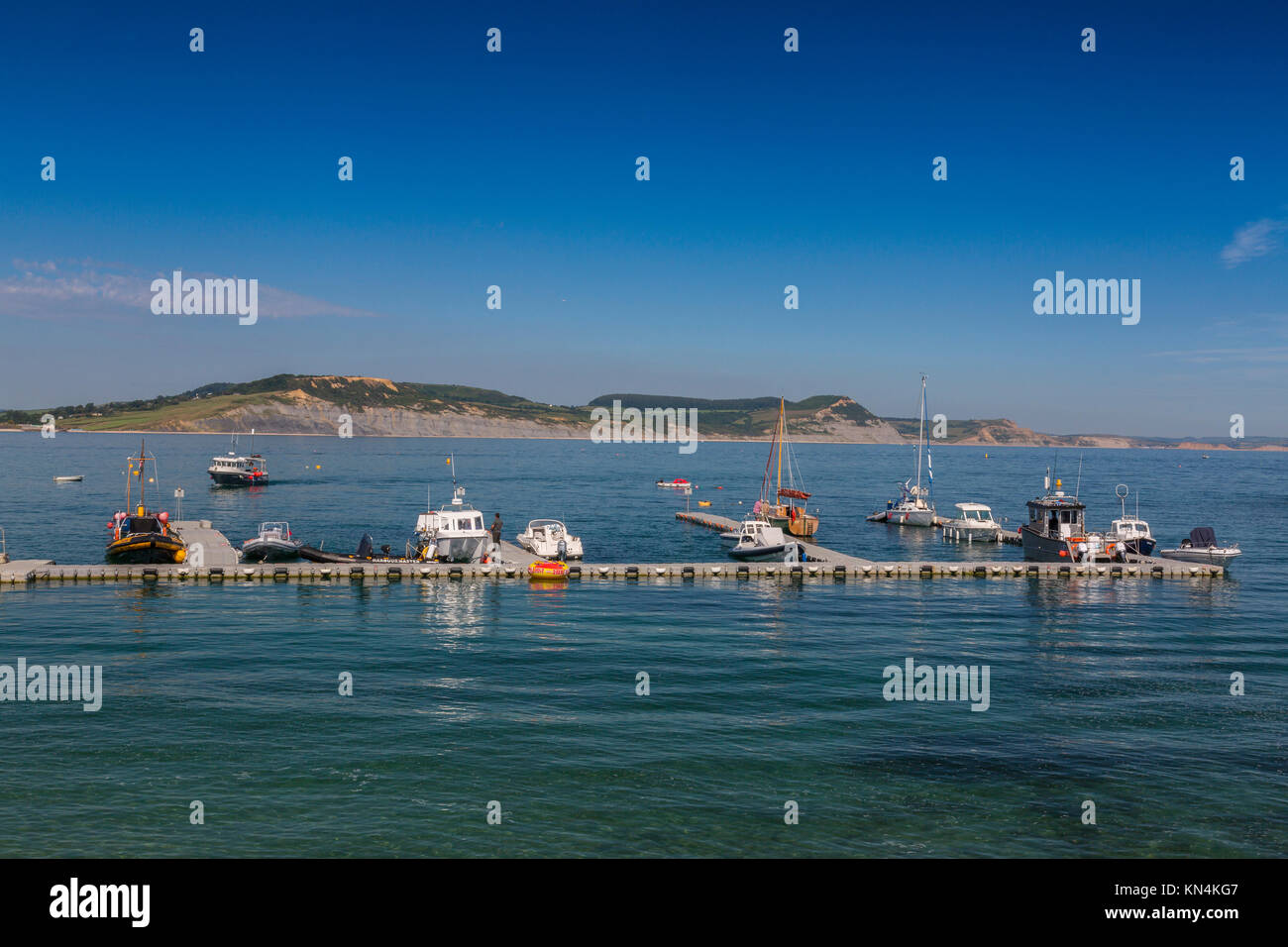 Una selezione di piccole imbarcazioni ormeggiate nella parte anteriore del Golden Cap a Lyme Regis su Jurassic Coast Sito Patrimonio Mondiale, Dorset, England, Regno Unito Foto Stock