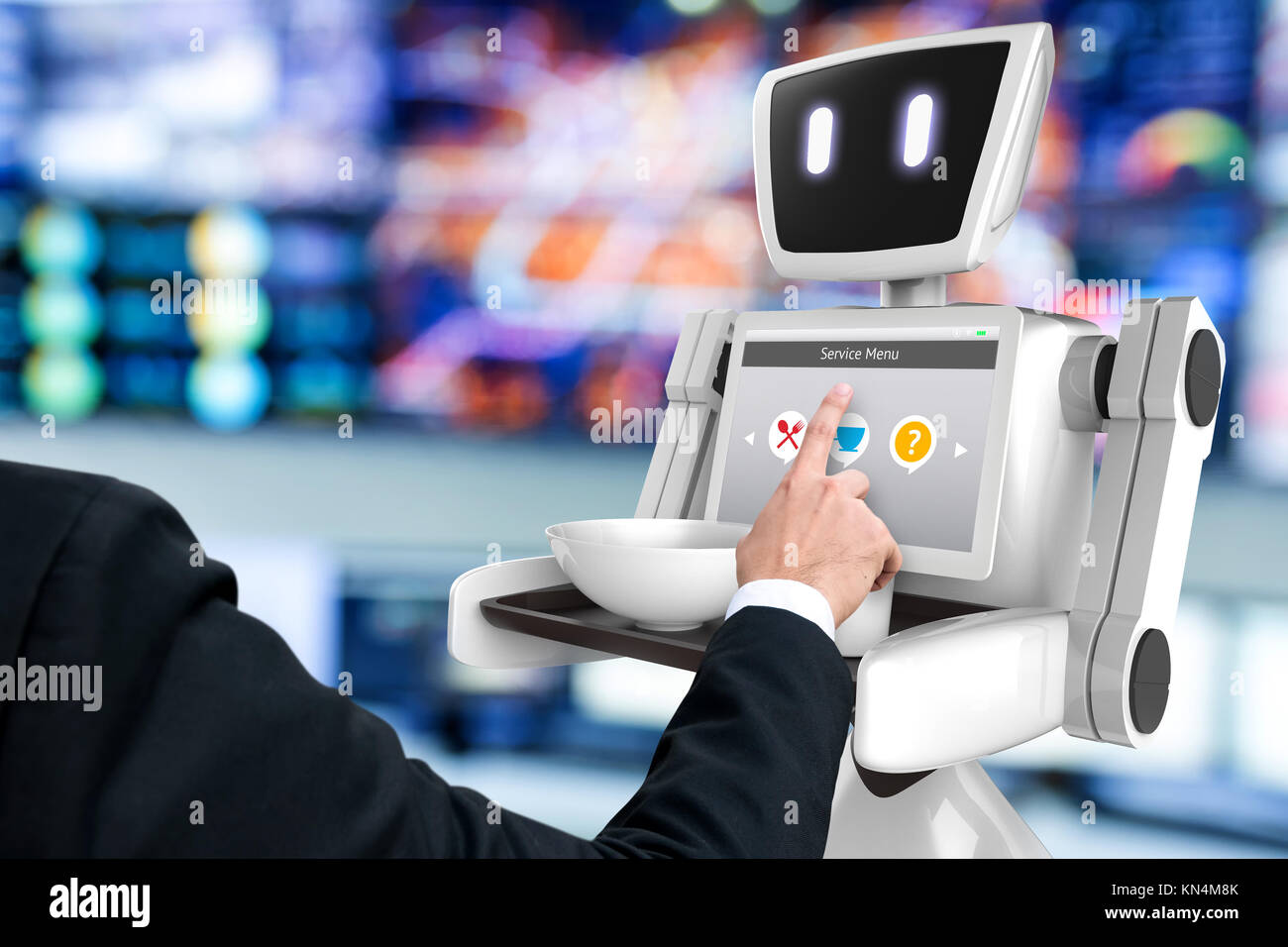 Robotics Tecnologia Tendenze concetto aziendale. Abito uomo punto dito per autonoma assistente personale robot per ordinare cibo e bevande in office abstra Foto Stock