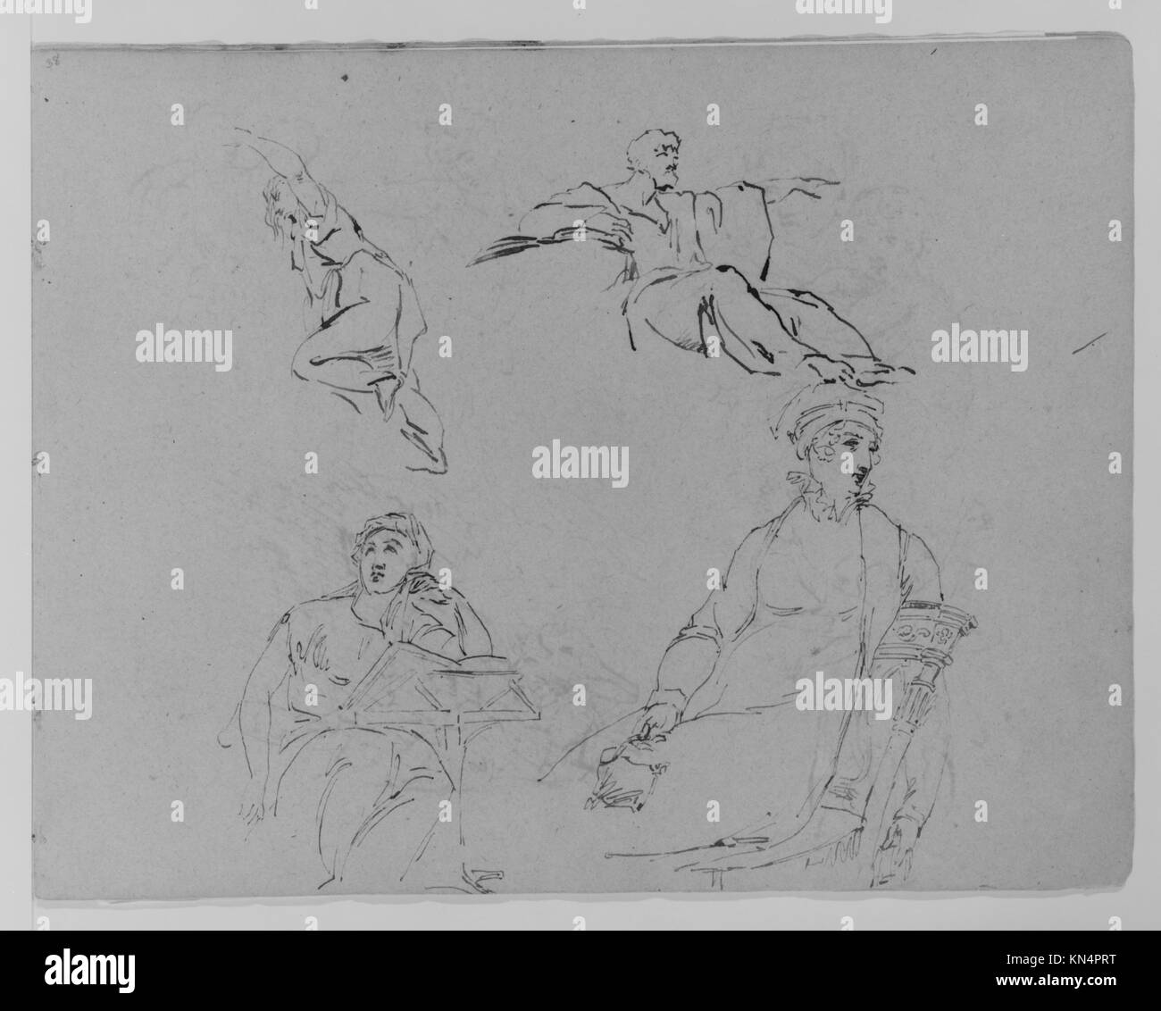 Questa pagina di sketch book contiene quattro studi di figure che illustrano l'osservazione dell'artista sull'anatomia, la postura e il movimento umano, offrendo informazioni sul processo di creazione e sviluppo di figure nell'arte. Foto Stock
