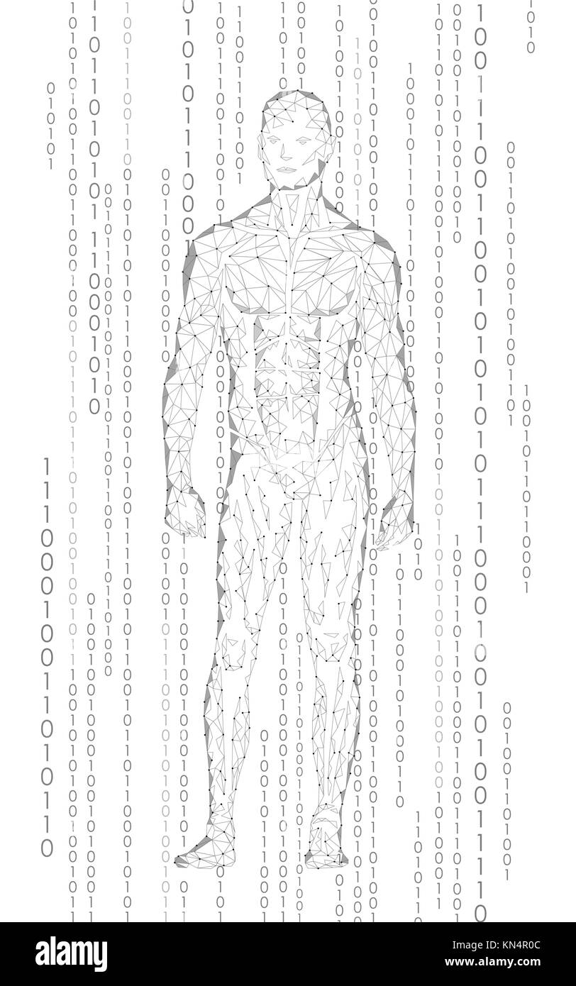 Humanoid android man standing cyberspazio codice binario. Robot Intelligenza Artificiale bassa poli poligonale del corpo umano forma fitness. Mente di rete internet astratto vettore grigio bianco illustrazione Illustrazione Vettoriale