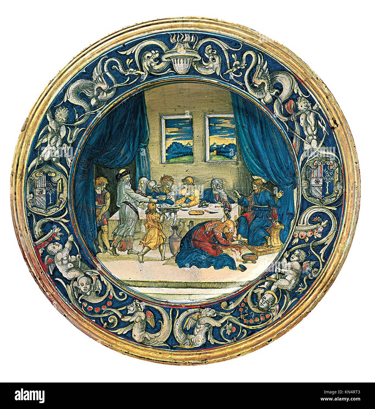 Piatto armato raffigurante la cena presso la Casa di Simone il Fariseo, che illustra una scena biblica del nuovo Testamento con simbolismo cristiano e disegno artistico dettagliato, tenuto al Metropolitan Museum of Art Foto Stock