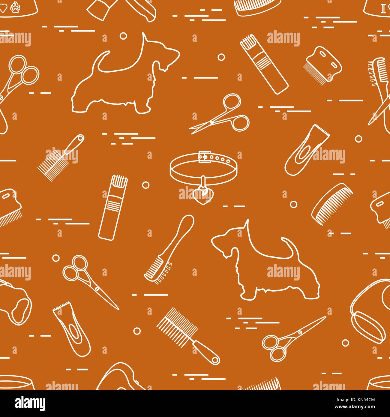 Modello con il cane, pettini, collare, guinzaglio, rasoio, asciugacapelli, ciotola, forbici. health care, toelettatura, prendersi cura di un cane, mostra. Illustrazione Vettoriale