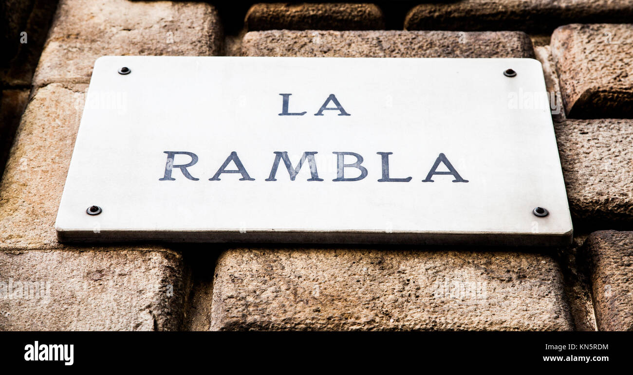 Streetsign della famosa Rambla street a Barcellona, Spagna. Foto Stock