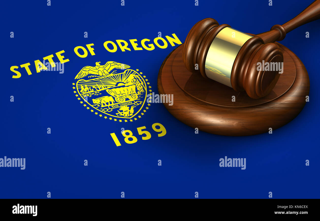 Oregon noi lo stato di diritto, del sistema giudiziario e di giustizia concetto con un rendering 3D di un martello sul Oregonian bandiera. Foto Stock