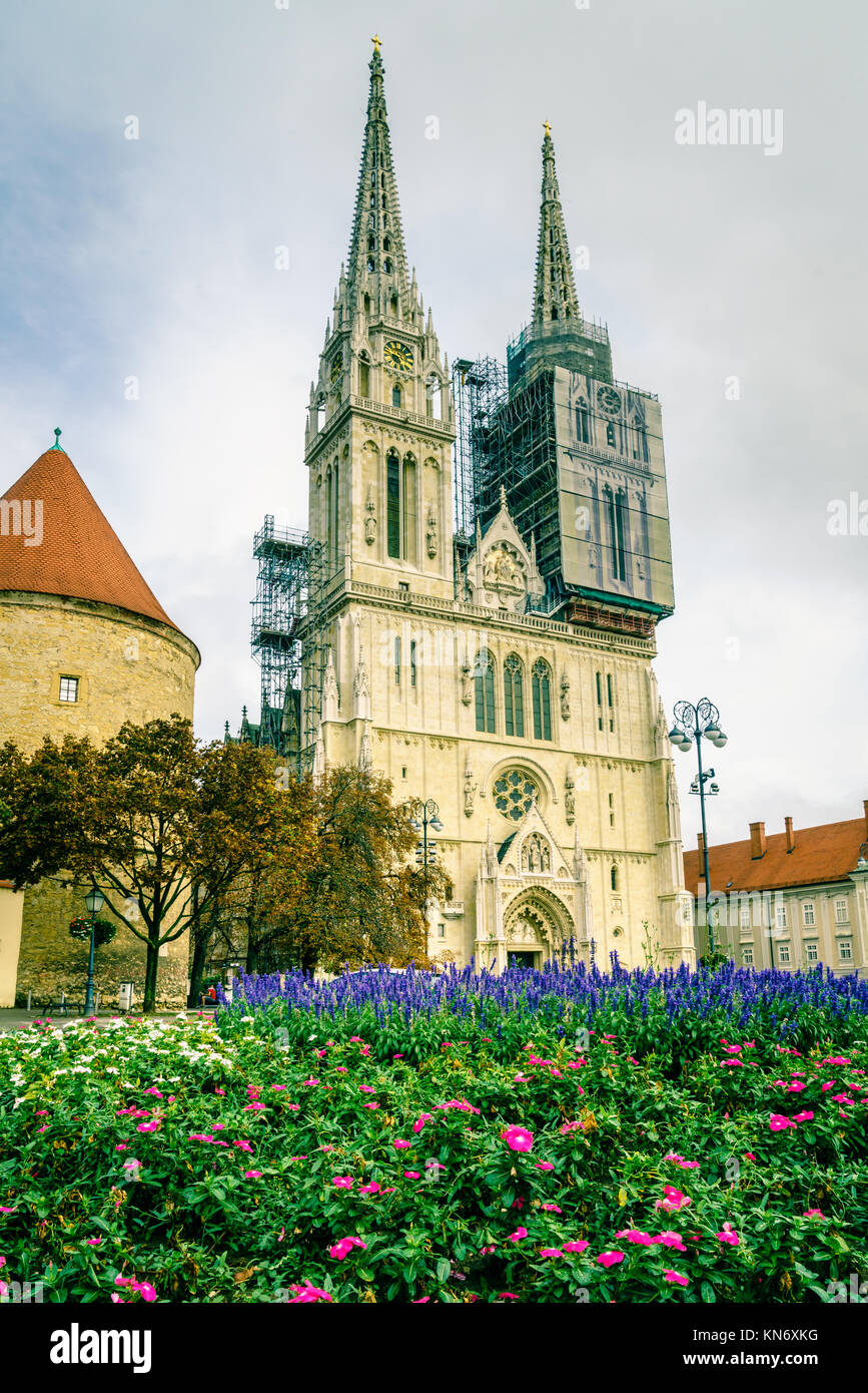 Vista della cattedrale di Zagabria con un letto di fiori in primo piano Foto Stock