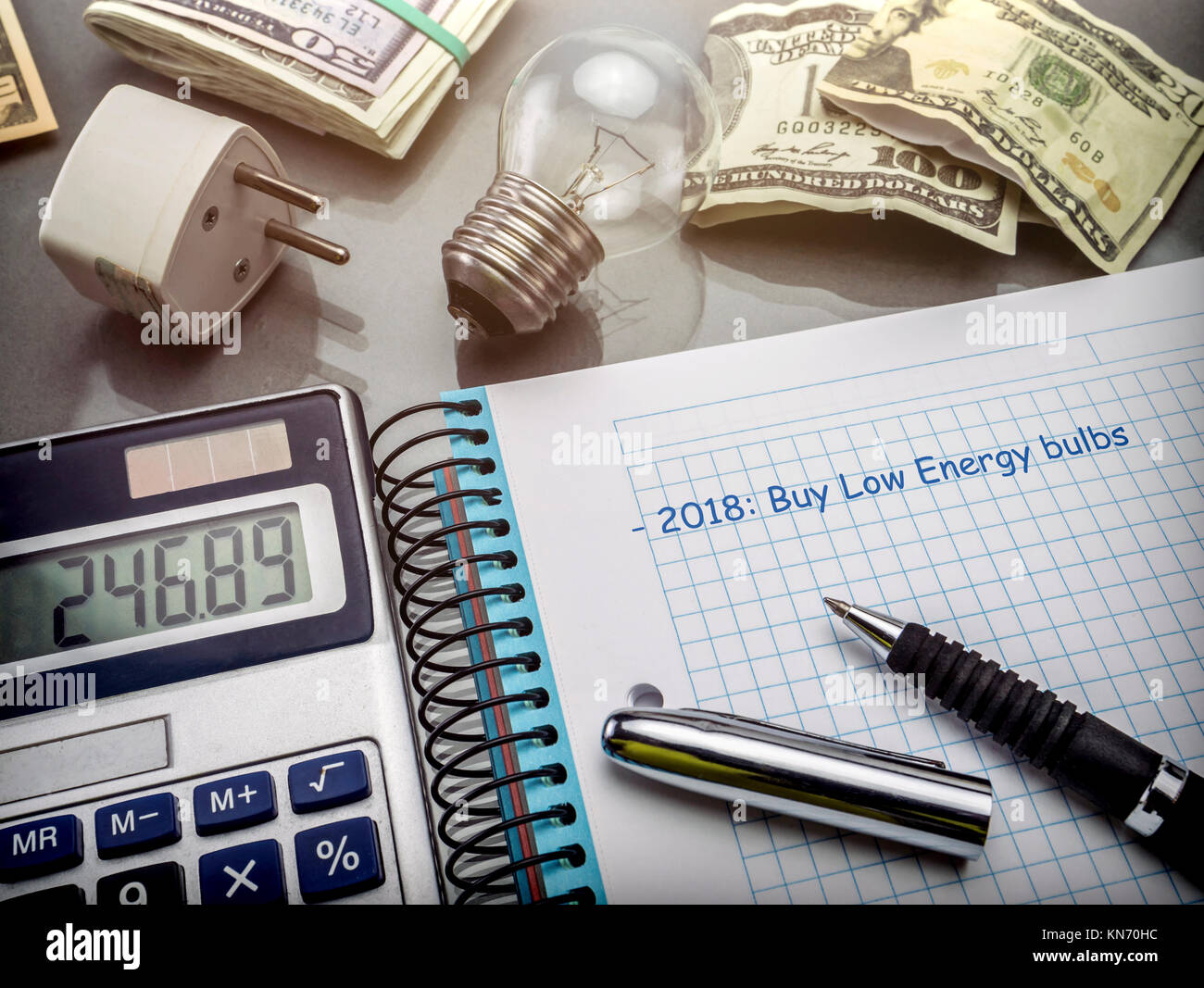 Calcolatrice e denaro accanto a una lampadina, iscritto nell'agenda anno 2018 per acquistare lampadine a basso consumo, il concetto di risparmio energetico Foto Stock