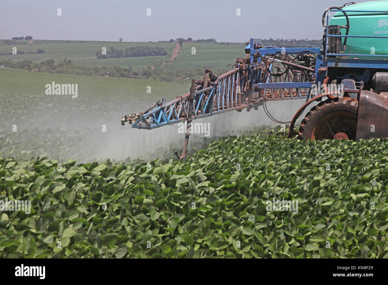 CAMPO MOURÃO, PR - 11.12.2017: PRODUTORES PULVERIZAM SOJA NO PARANÁ - agricoltori rurali nel campo Mourão, nel Midwest del Paraná, stanno approfittando dei giorni senza umidità e pioggia, per il controllo di malattie e parassiti in agricoltura di semi di soia. Gli agricoltori sono ottimisti per quanto riguarda la previsione di un super-raccolto di semi oleosi. Nella foto, trattore rende l'applicazione di pesticidi nelle colture per la lotta contro i parassiti e le malattie. (Foto: Dirceu Portogallo/Fotoarena) Foto Stock