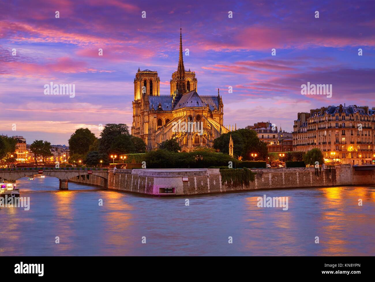 La cattedrale di Notre Dame a Parigi tramonto dal fiume Senna in Francia. Foto Stock