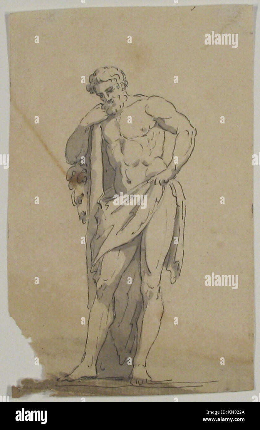 Questo disegno raffigura una statua maschile appoggiata su un tronco d'albero, che enfatizza i dettagli anatomici e lo studio della forma umana, che rappresenta le tecniche scultoree classiche e artistiche. Foto Stock