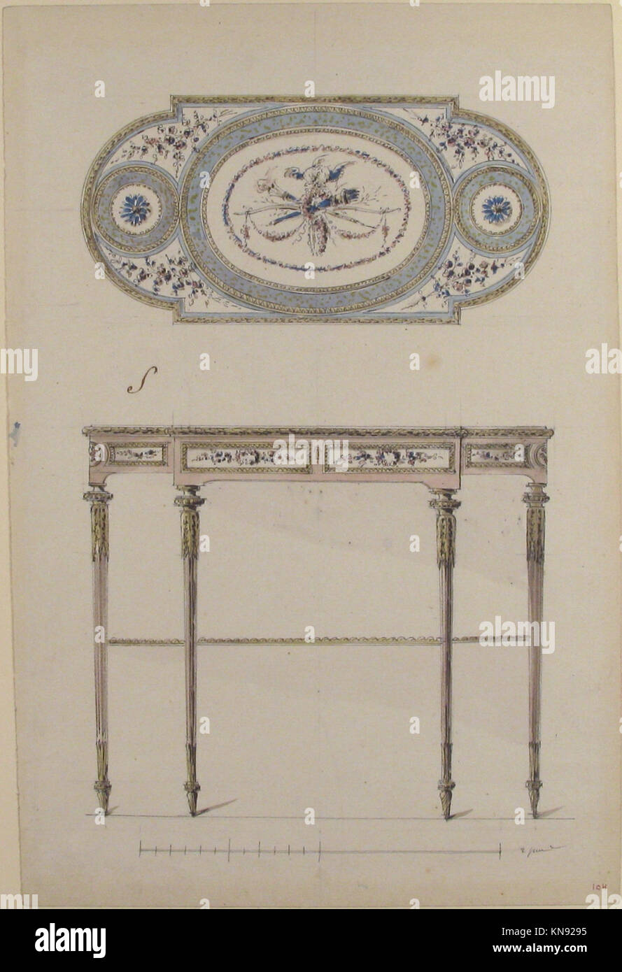 Questo disegno del tavolo centrale illustra il design dettagliato dei mobili d'epoca, enfatizzando la simmetria, l'artigianalità e le caratteristiche decorative, conservate nelle collezioni storiche. Foto Stock