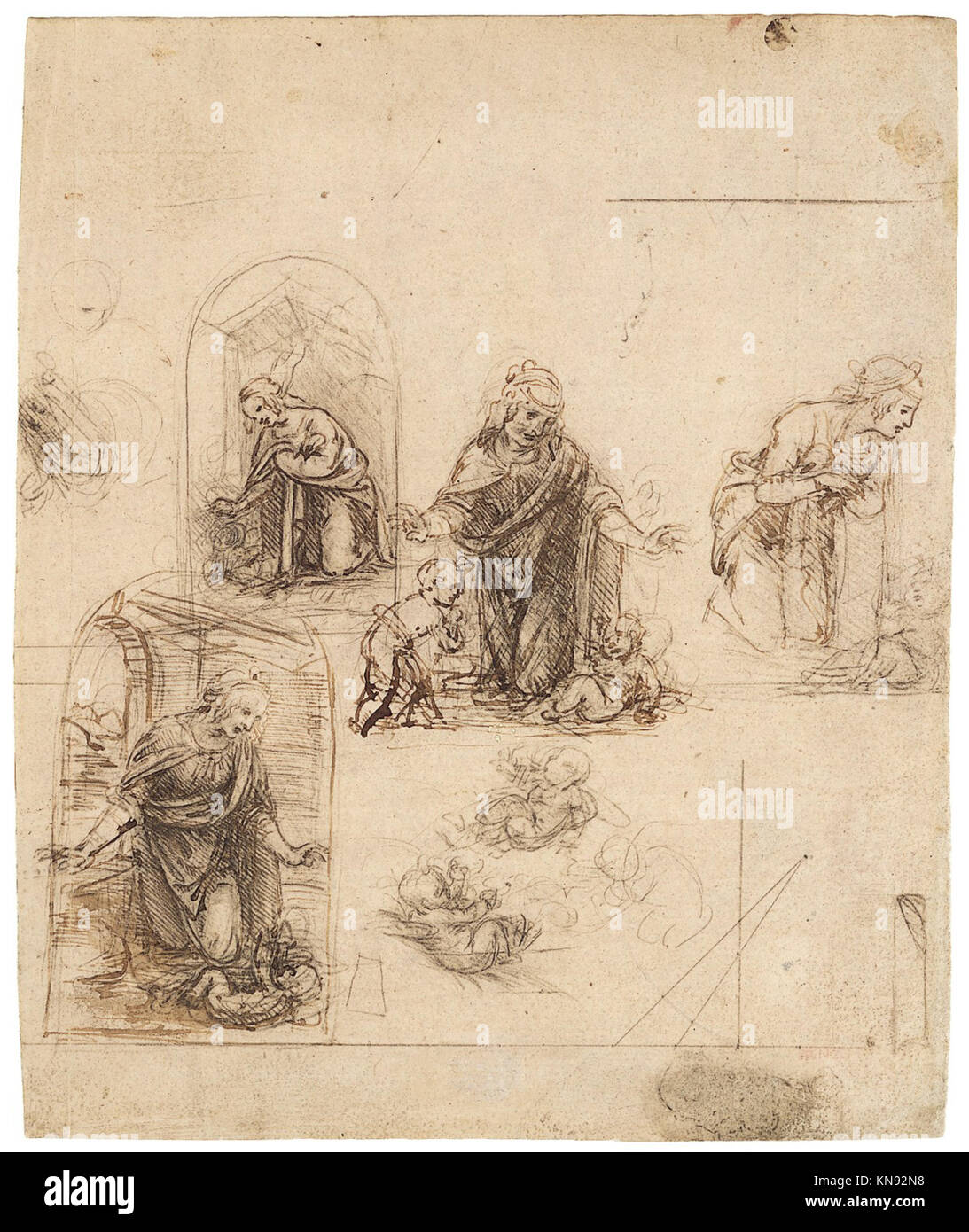 Disegni compositivi per la Vergine adorante il Cristo Bambino, con e senza il Bambino San Giovanni Battista; diagramma di una proiezione perspectivale (recto); lievi Doodles (verso) INCONTRARONO 75I 40r1 337494 Foto Stock