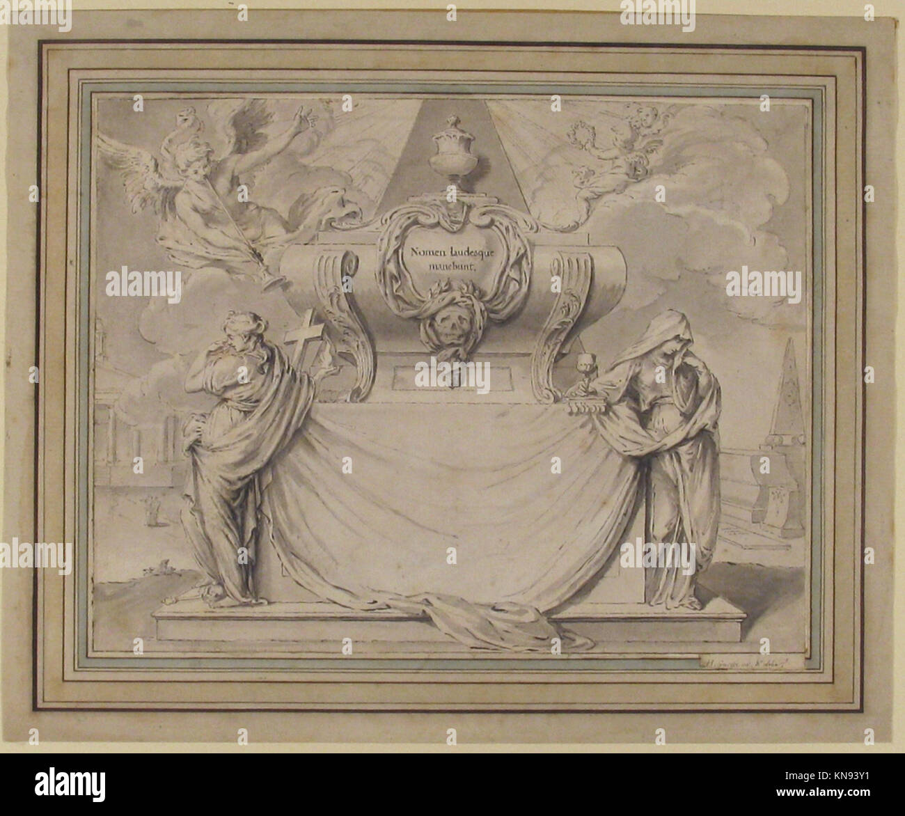 Un biglietto funebre che mostra opere d'arte dettagliate per uso cerimoniale, che riflettono gli aspetti artistici e culturali delle tradizioni funebri del periodo. Foto Stock